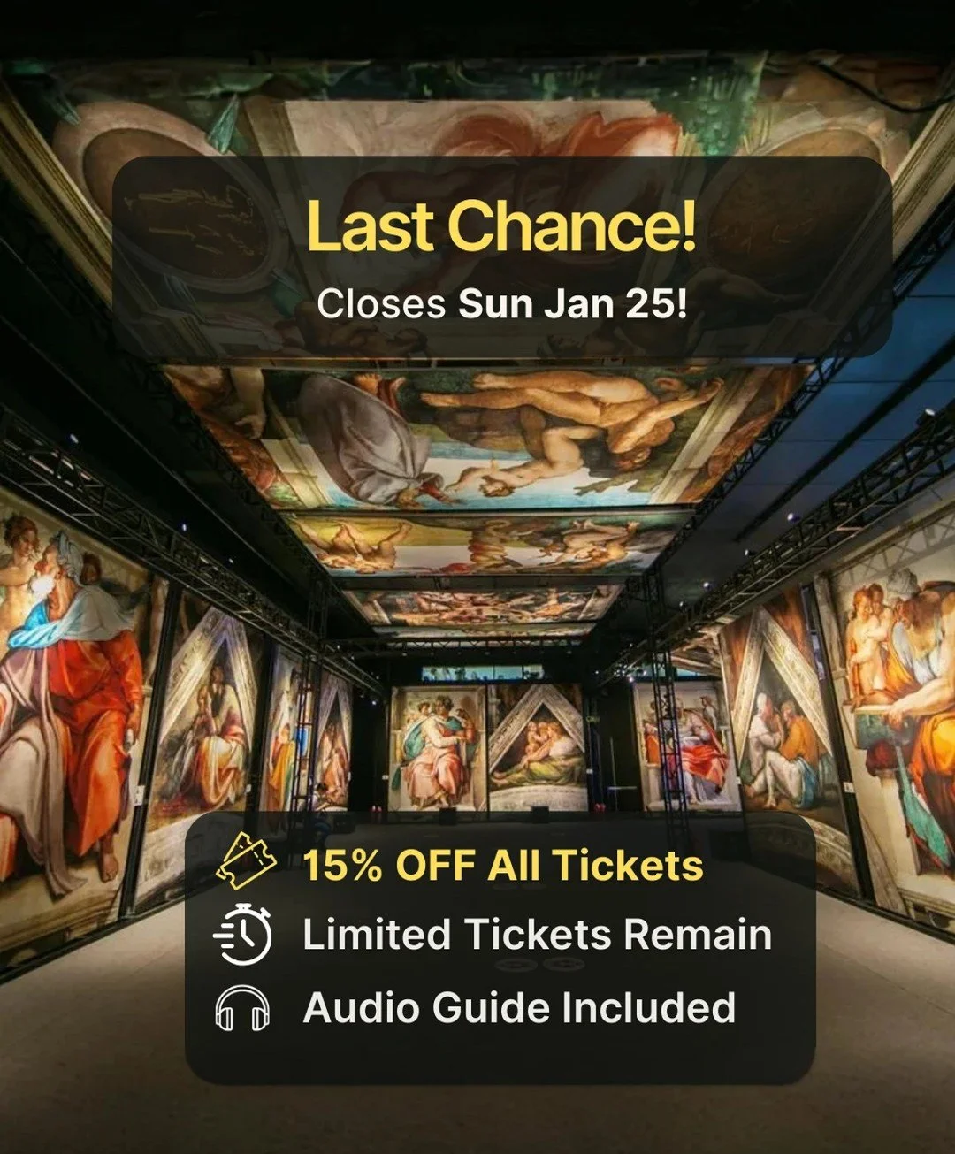 🎨 Don&rsquo;t miss your last chance to experience Michelangelo's Sistine Chapel @chapelsistine up close, right here at Warwick Mall! ✨ 

📌 The final day is Sunday, January 25th, come see the magic before it is gone!

Tickets are now 15% off, and wi