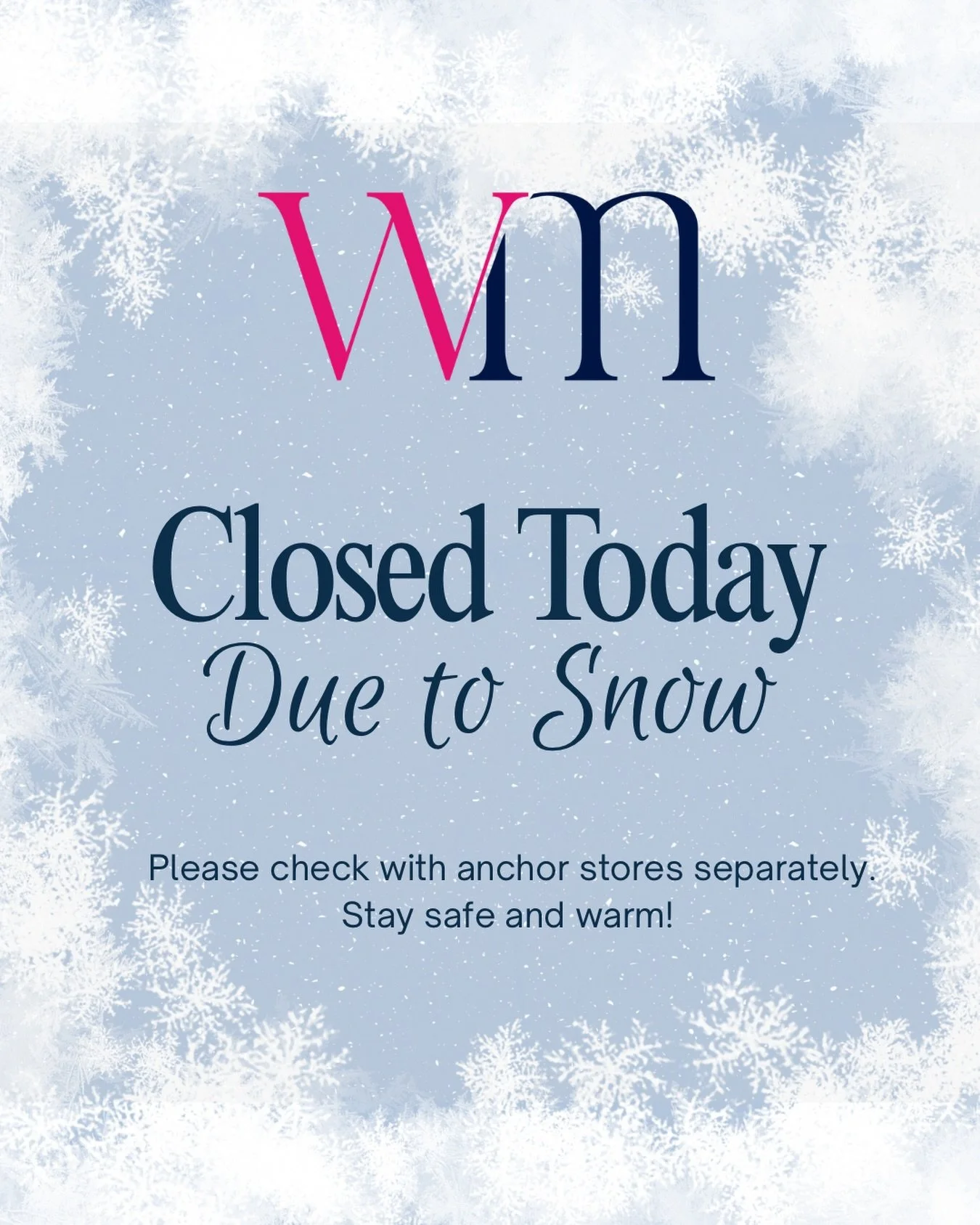 ❄️ WARWICK MALL IS CLOSED TODAY, Monday 1/26

We will reopen tomorrow, Tuesday 1/27 at regular time, 10am. 

Anchor store hours may vary, please contact them directly.

Stay safe and warm!! ☃️