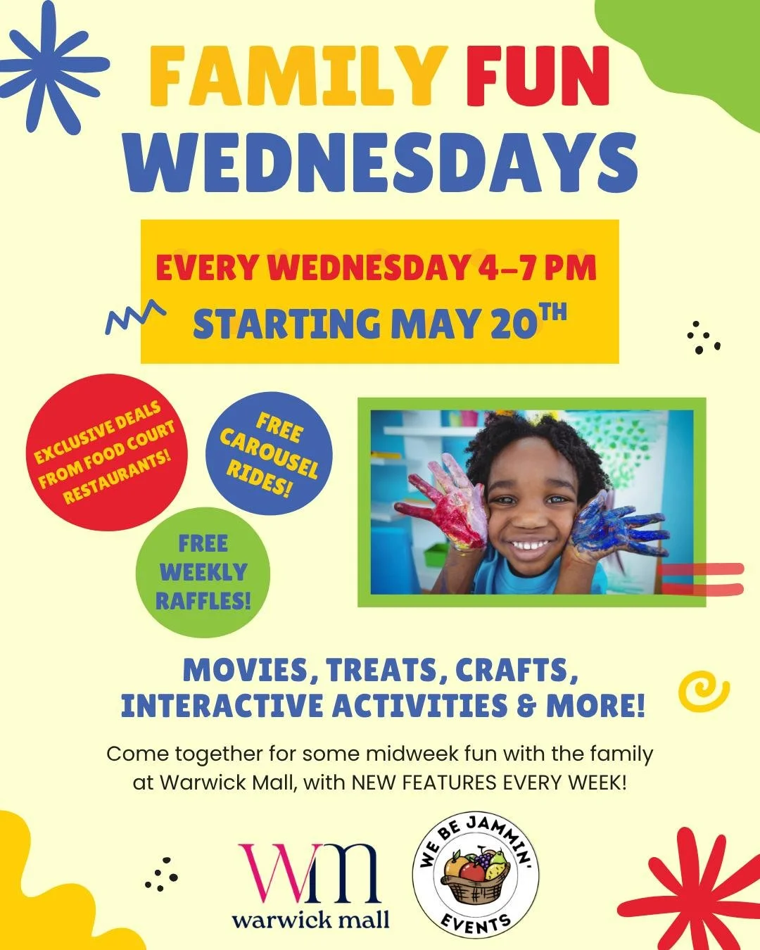🎉 FAMILY FUN WEDNESDAYS at Warwick Mall in collaboration with @webejamminevents 🎉

Join us every Wednesday from 4-7 PM starting May 20th for a fun-filled evening the whole family can enjoy! 🌈

🎠  FREE Carousel Rides
🍿 Movies on the big screen TV