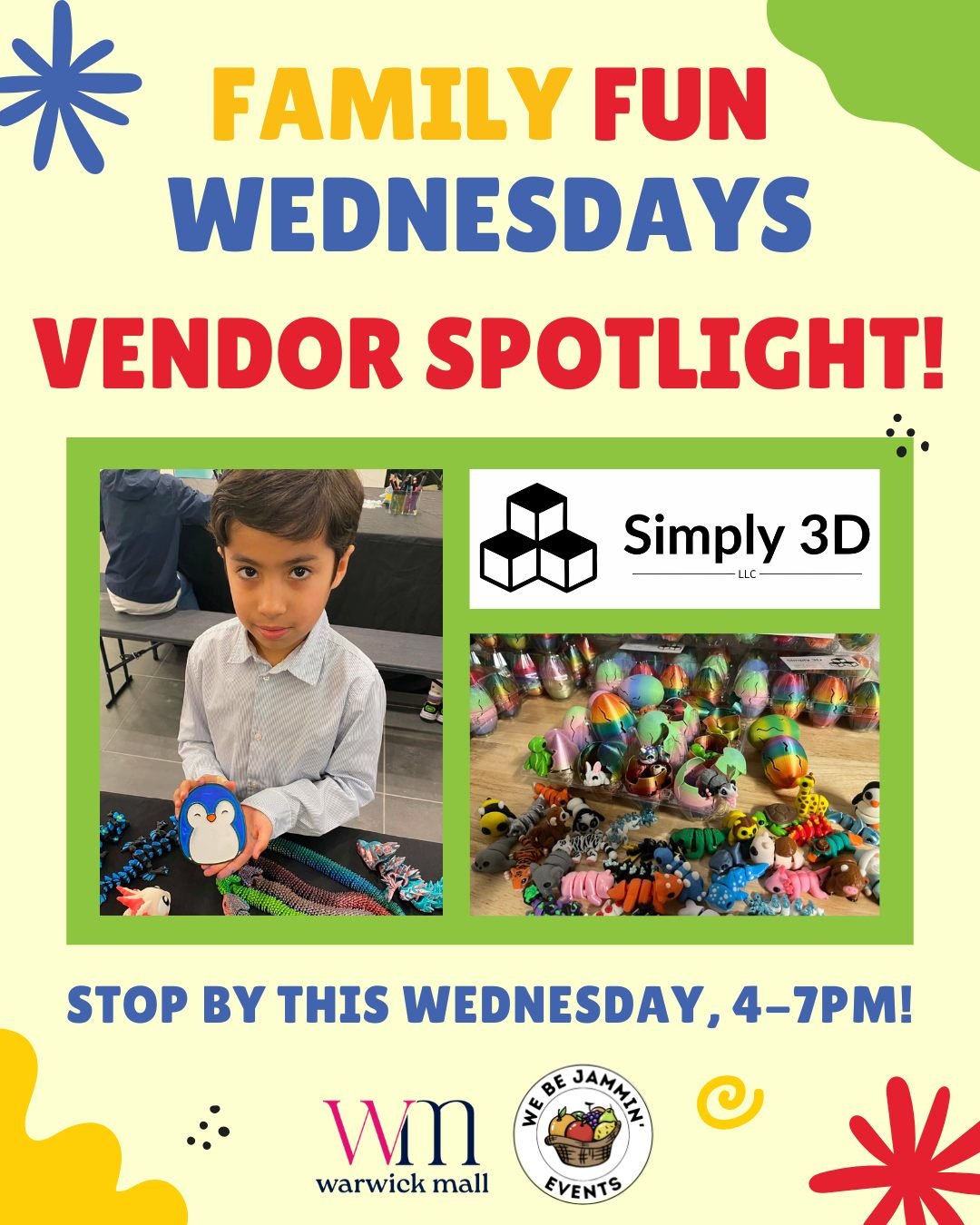 🎨 Family Fun Wednesday Vendor Spotlight!

Tomorrow, 4&ndash;7 PM, join us for our first-ever Family Fun Wednesday at Warwick Mall, now happening every Wednesday in collaboration with @webejamminevents !☀️ 

We are going to be doing vendor spotlights