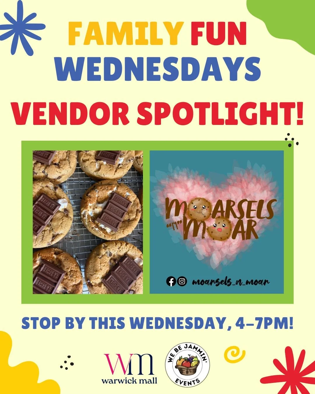 This Family Fun Wednesday, we&rsquo;re shining a spotlight on @moarsels_n_moar 
Where gourmet cookies and baked goods meet 20+ years of baking magic! 🍪 😋 

Roxanne&rsquo;s treats are a must-try, and you can find her at Warwick Mall tomorrow along w