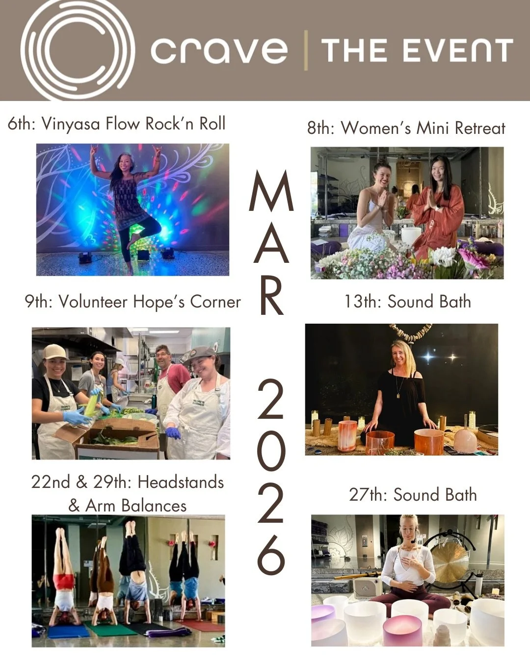 Welcome to March at Crave. We got you covered from rock-n-roll flow to inversions and mini retreats to sound baths. See you on the mat 🧘