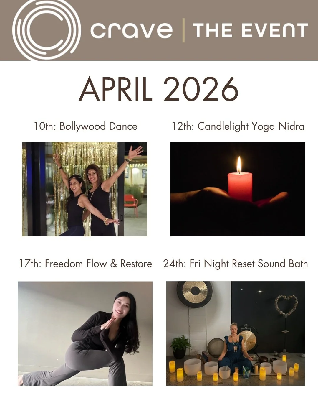 Check out our April events with something for everyone to explore movement and connection whether that is within yourself or with our friendly community.

Happy Spring 🌷