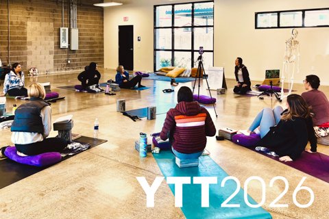 students gathered for a yoga teacher training class