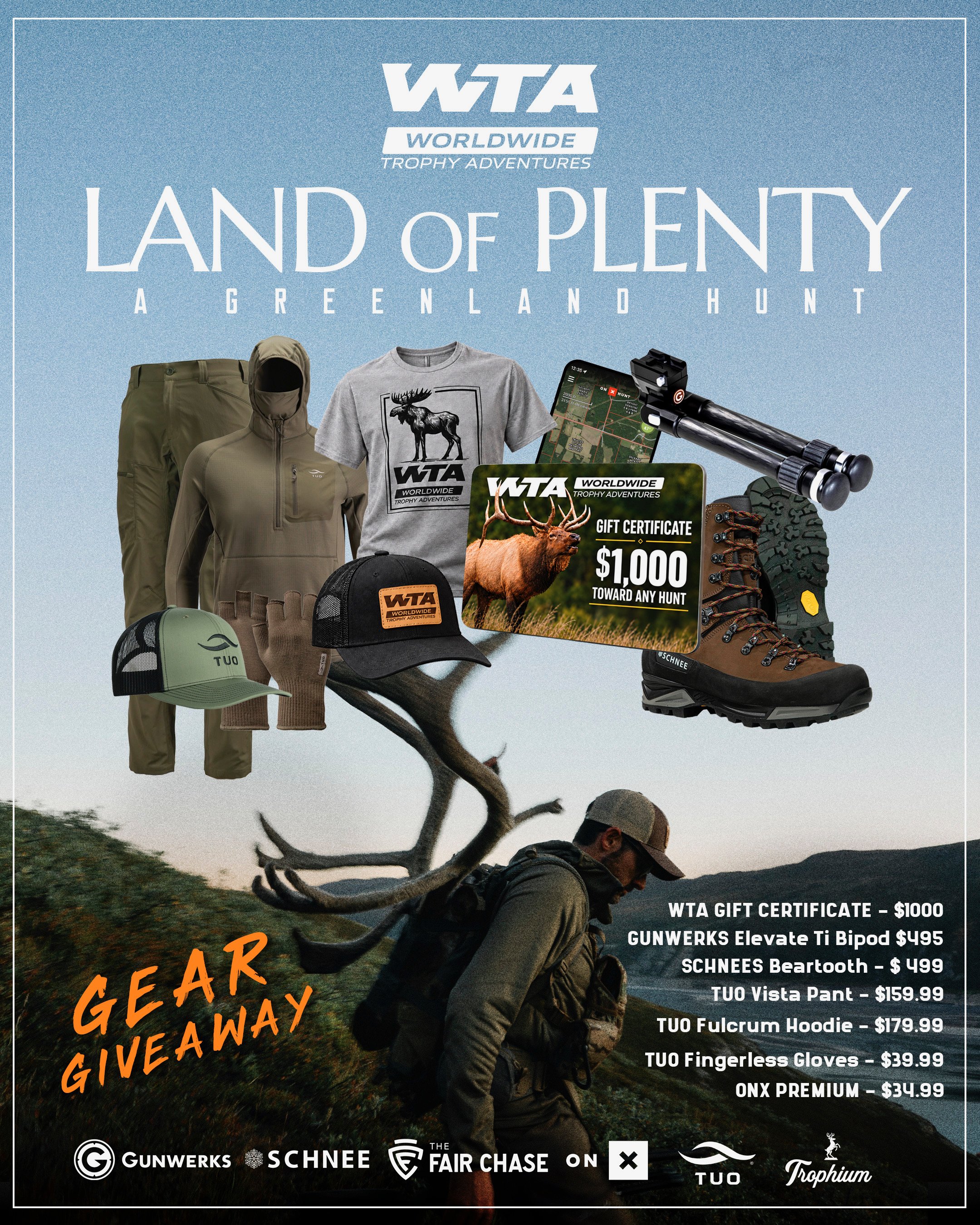 Land of Plenty gear giveaway: $1,000 WTA gift certificate, Gunwerks Elevate Ti bipod, Schnee's Beartooth boots, TUO Vista pant, Folcrum hoodie, gloves and hat, onX Hunt Premium