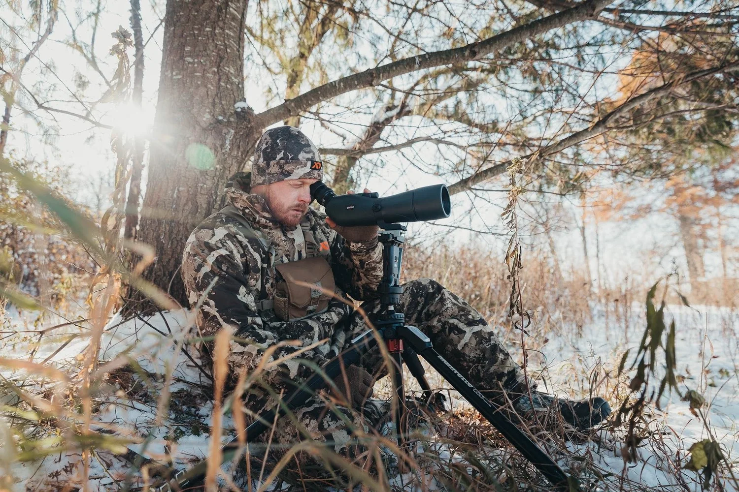Hunter glassing through a spotting scope beside a tree in snowy woods, sun flaring through the branches