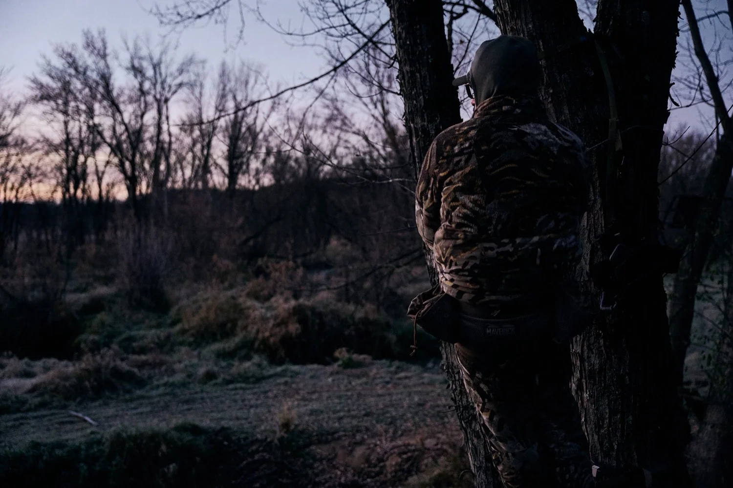Silhouette of a hunter in a tree saddle before dawn, pink horizon over a frosty marsh