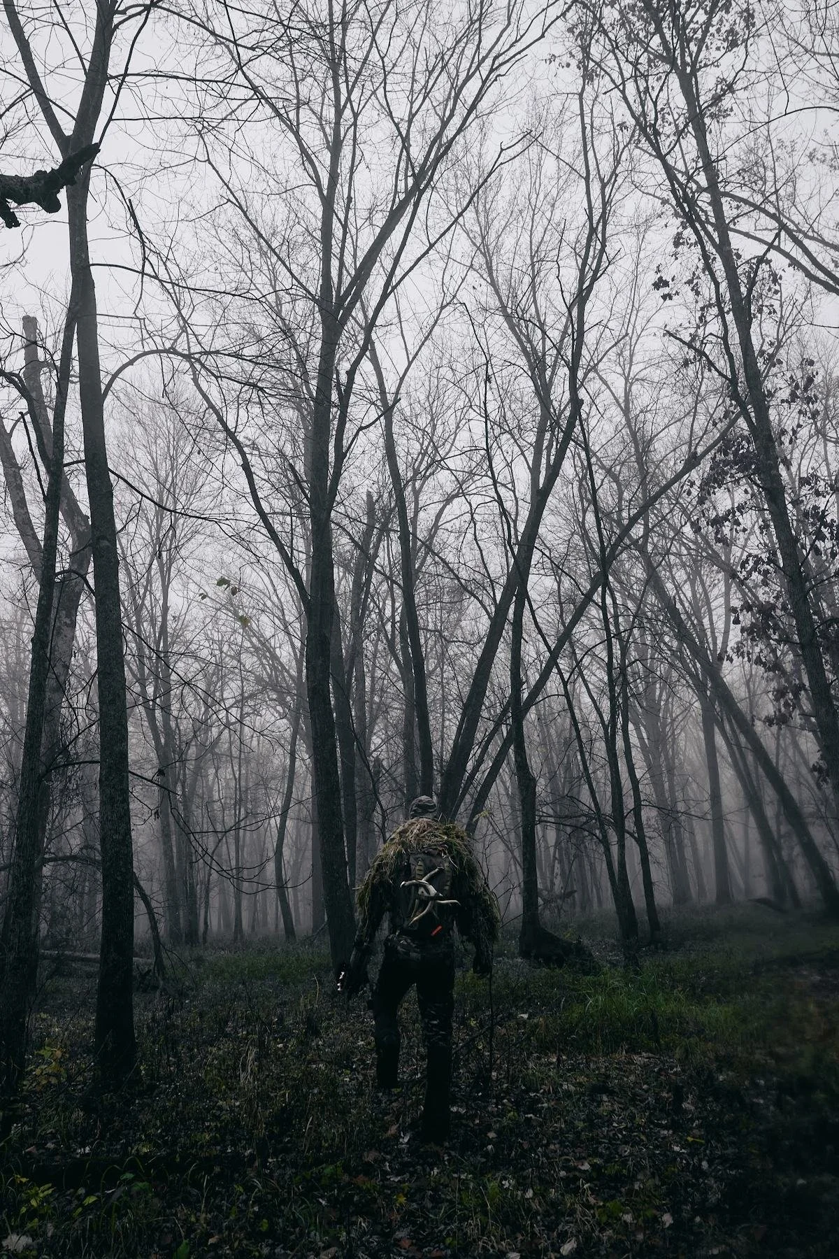Hunter in a ghillie pack walking into a foggy hardwood forest
