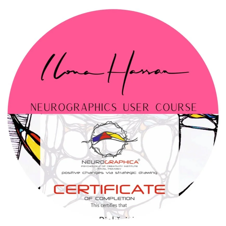 Certificate of completion from Neurographica user course featuring the title of the course, a colorful Neurographica logo, and a pink semi-circle at the top with handwritten-style text.