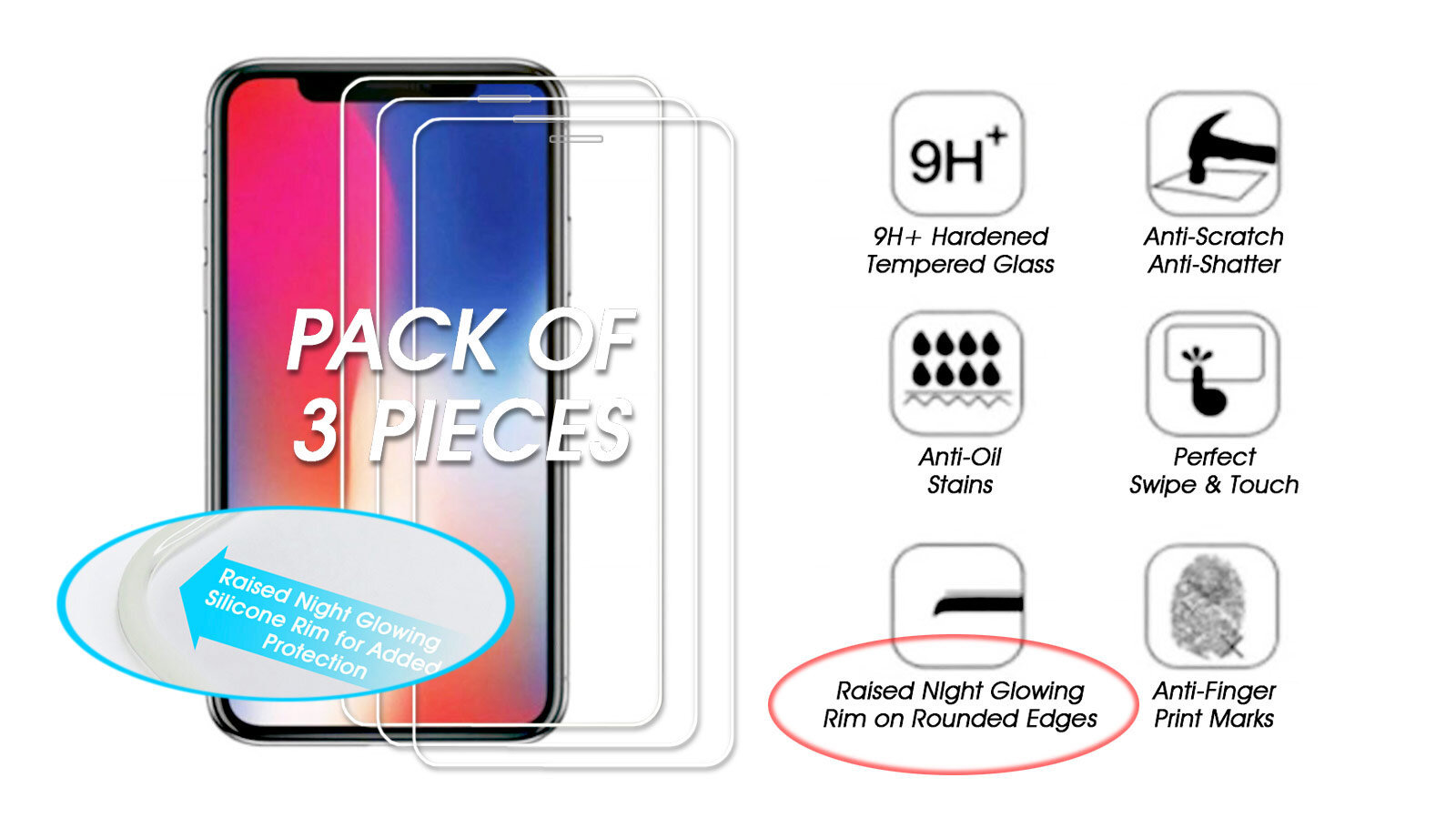 absolute-magic.com - TRIPLE-PACK 3 Coloured Night Glowing Fluorescent Silicone Rim, 9H+ Tempered Glass Screen Protectors (for the relevant iPhone 15 & 16 Models)