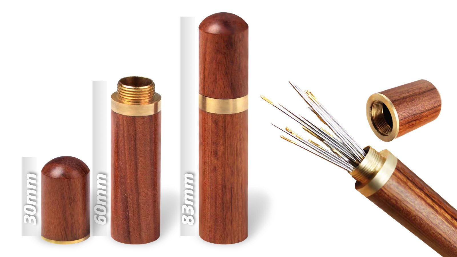 absolute-magic.com - Perfectly Crafted Sandalwood Needles Container w/24 Large Hole Stainless Steel Needles & 2 Sizes of Brass Finger Guard Thimbles Kit