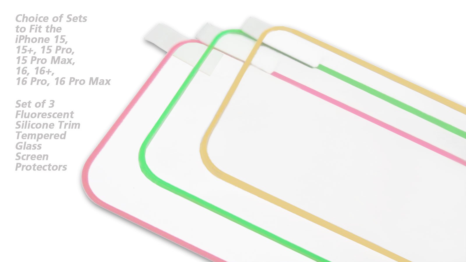 absolute-magic.com - TRIPLE-PACK 3 Coloured Night Glowing Fluorescent Silicone Rim, 9H+ Tempered Glass Screen Protectors (for the relevant iPhone 15 & 16 Models)