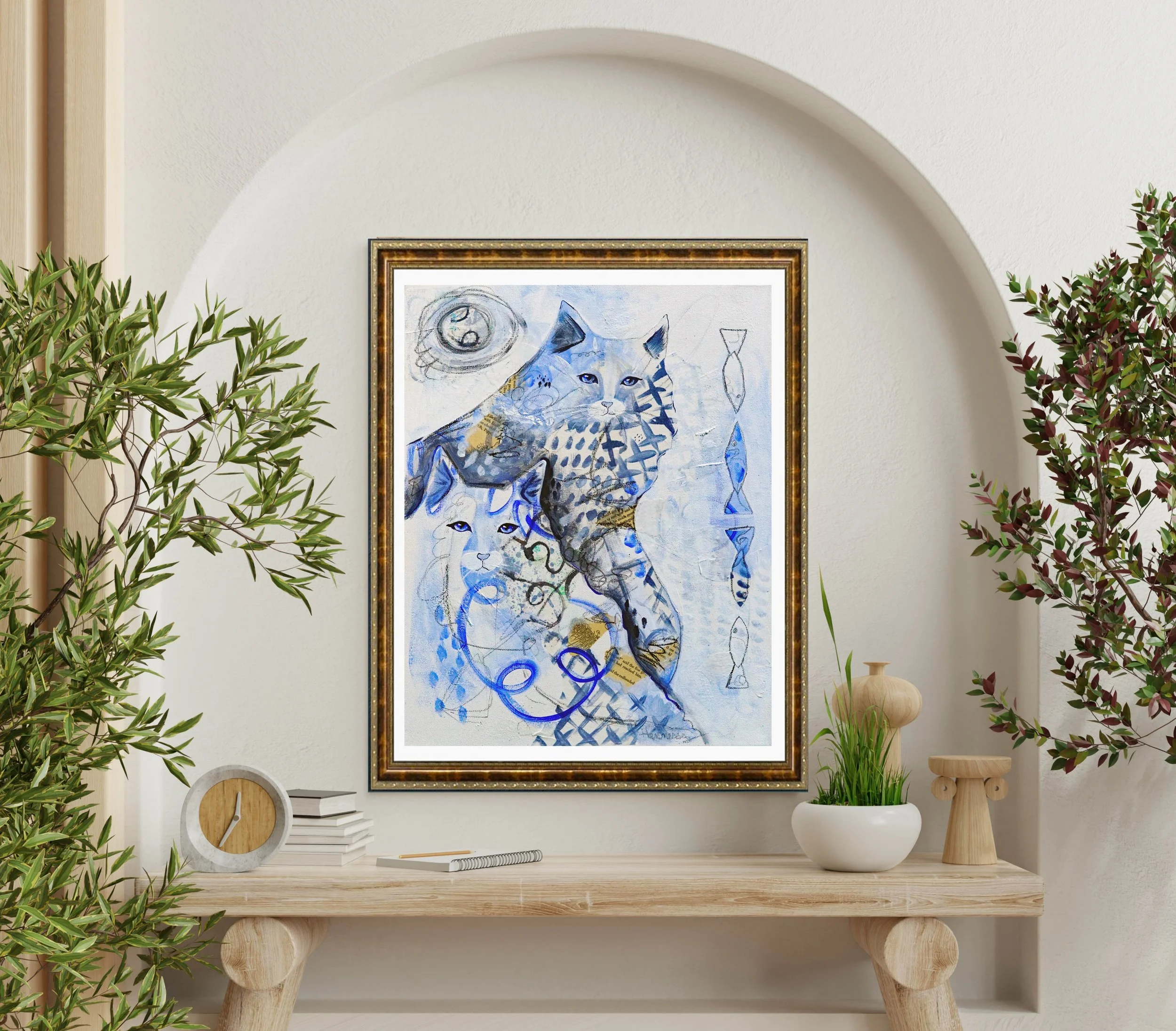 "Mountain Cats Blue" water element art print