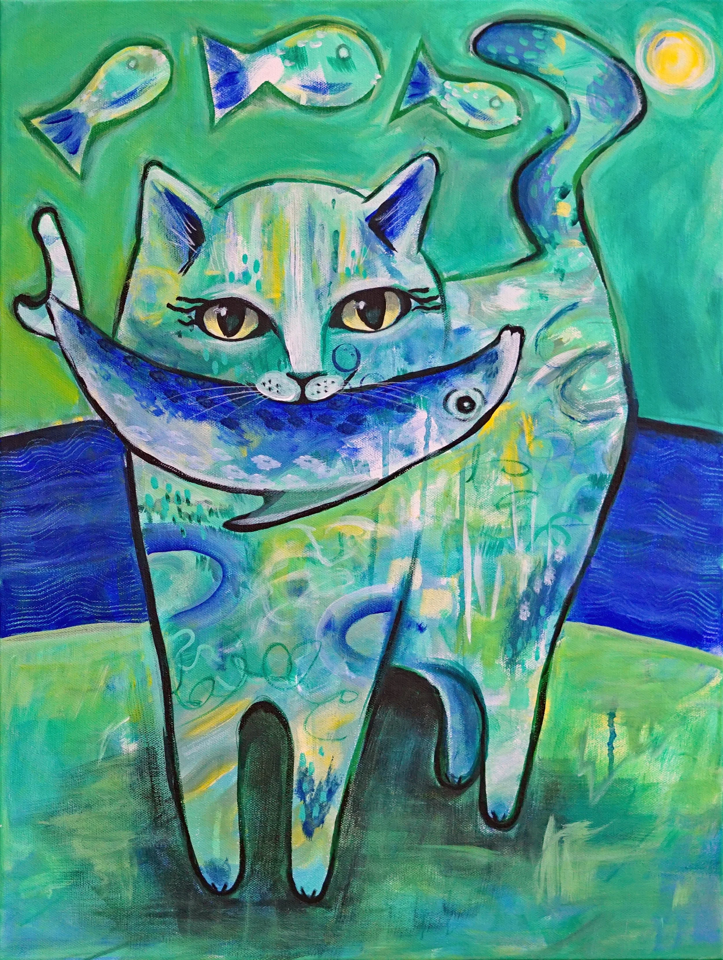 cat and fish original painting in green and blue