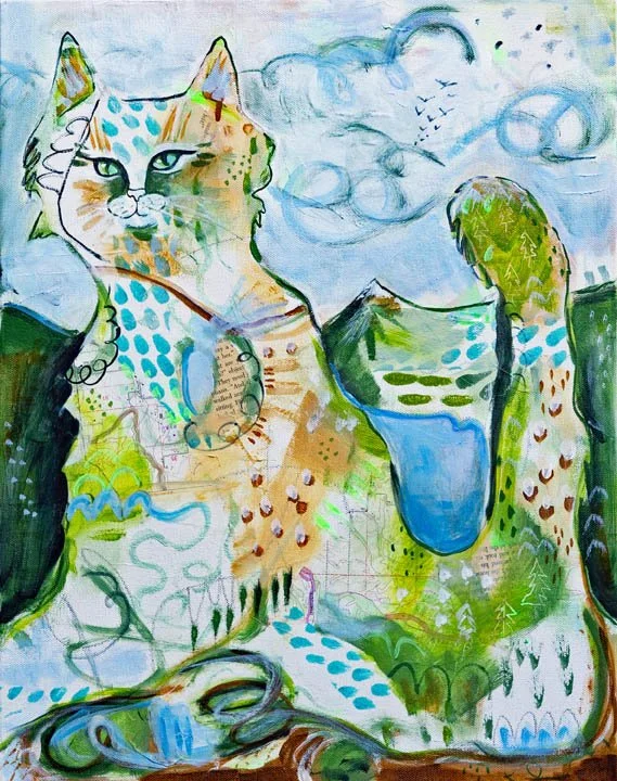 "Mountain Cat Green" earth element original painting