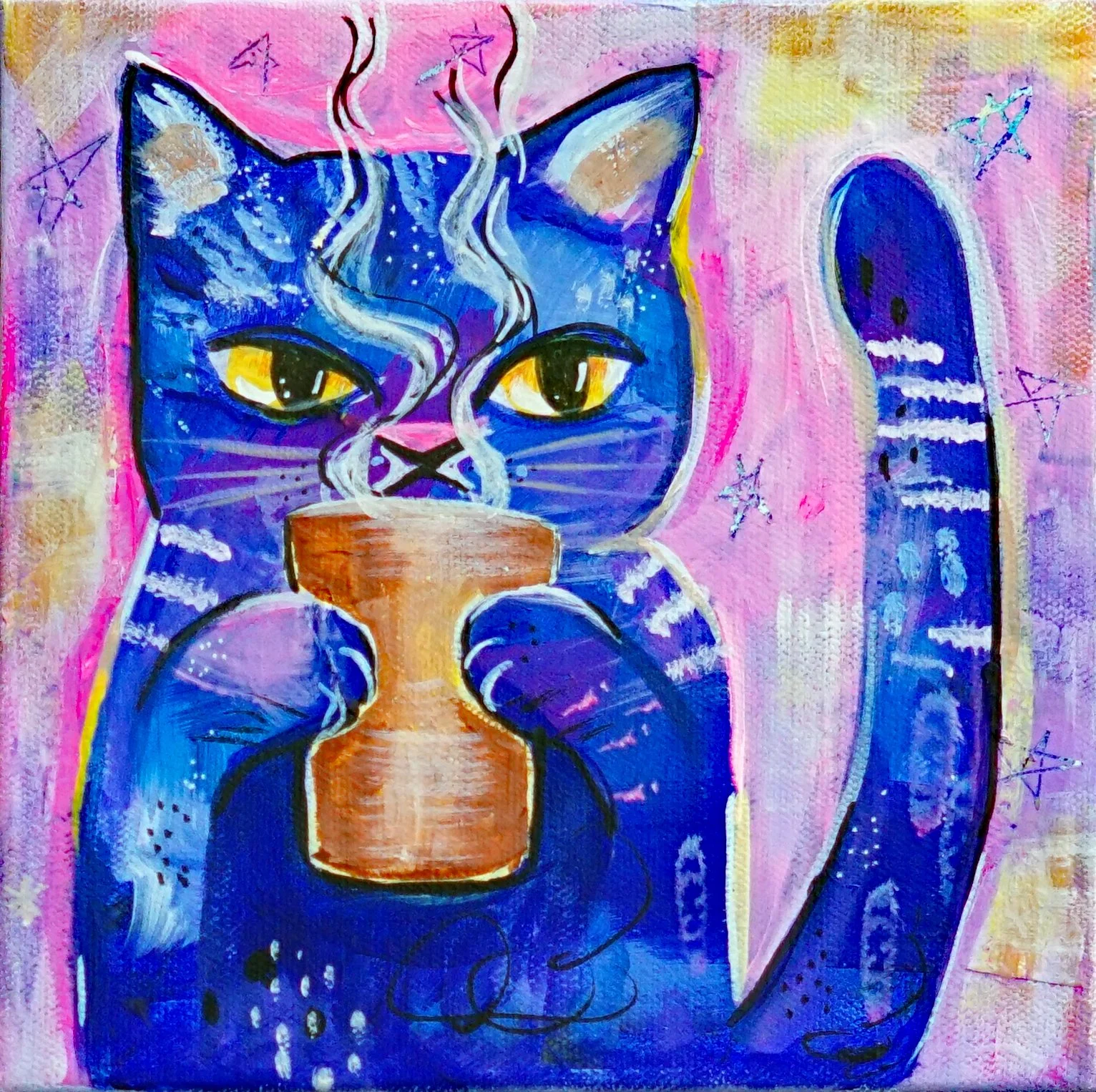 coffee drinking cat original small painting