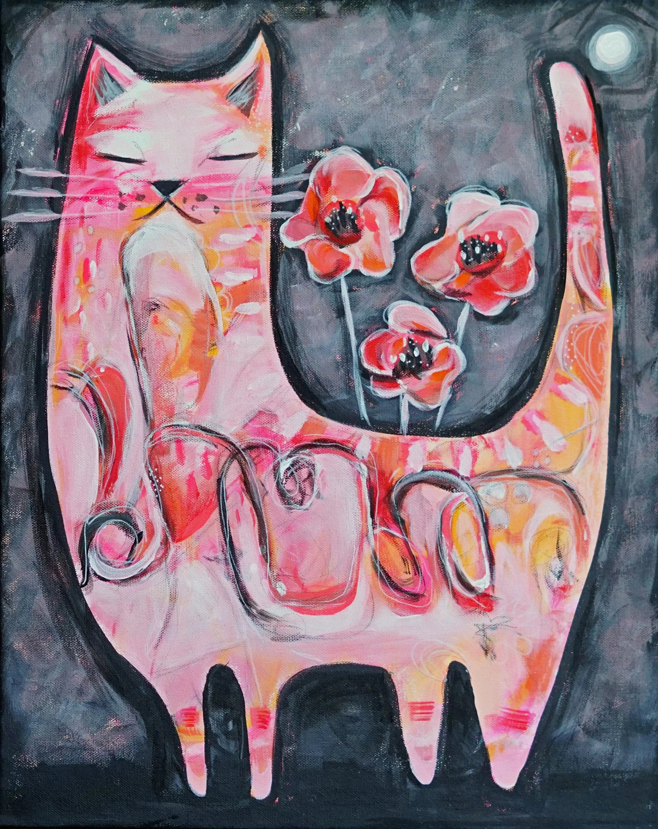 ProudCat Original Painting, pink with flowers