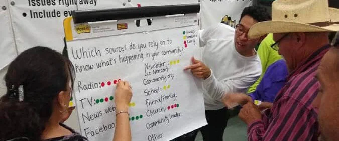 Community members discuss media sources