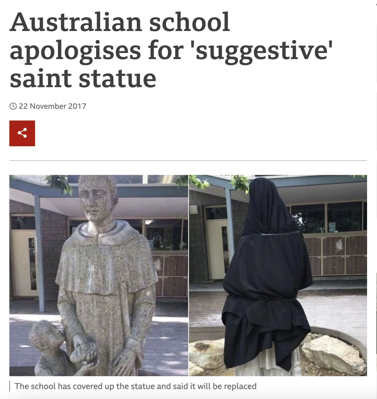 Screenshot of article. Headline reads: Australian School apologies for 'suggestive' saint statue. Article is dated November 22nd 2017. Picture below shows statue with a person in Catholic monk robes holding a loaf of bread at his groin.
