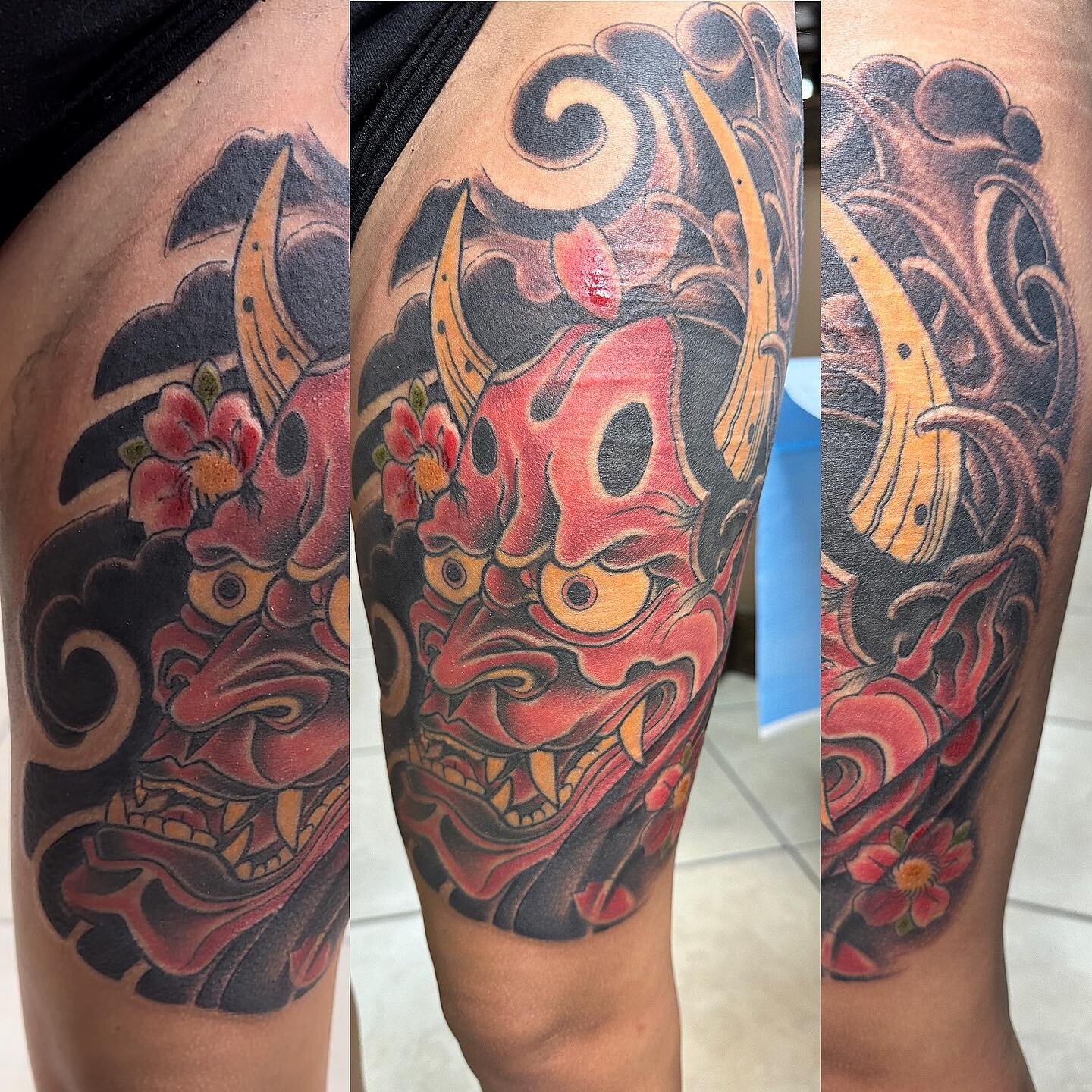 Hannya thigh finished for now with background addition #tattoo #art