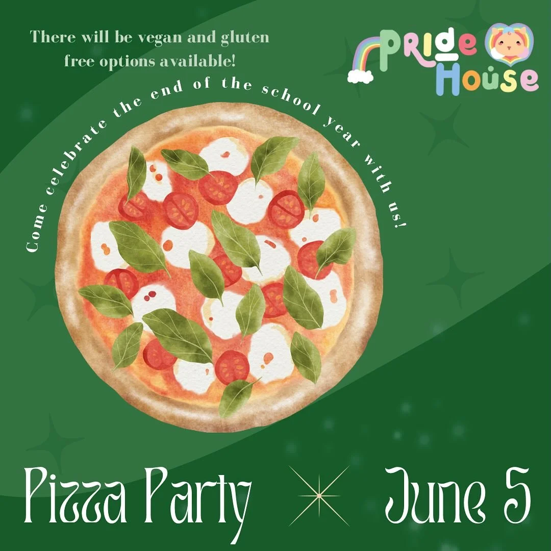 Invitation for a pizza party on June 5 with a green background, featuring a large illustration of a pizza topped with tomatoes, cheese, and basil leaves, and text announcing a school year end celebration with vegan and gluten-free options, and a colorful misprint logo in the top right corner.