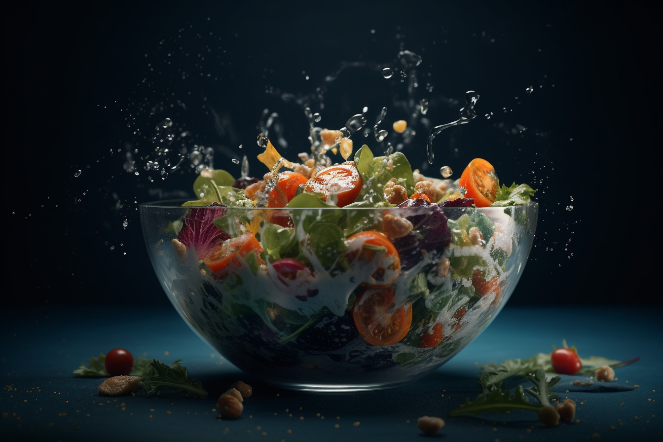 Fresh salad with cherry tomatoes, greens, walnuts, and dressing splashing out of a glass bowl against a dark background.