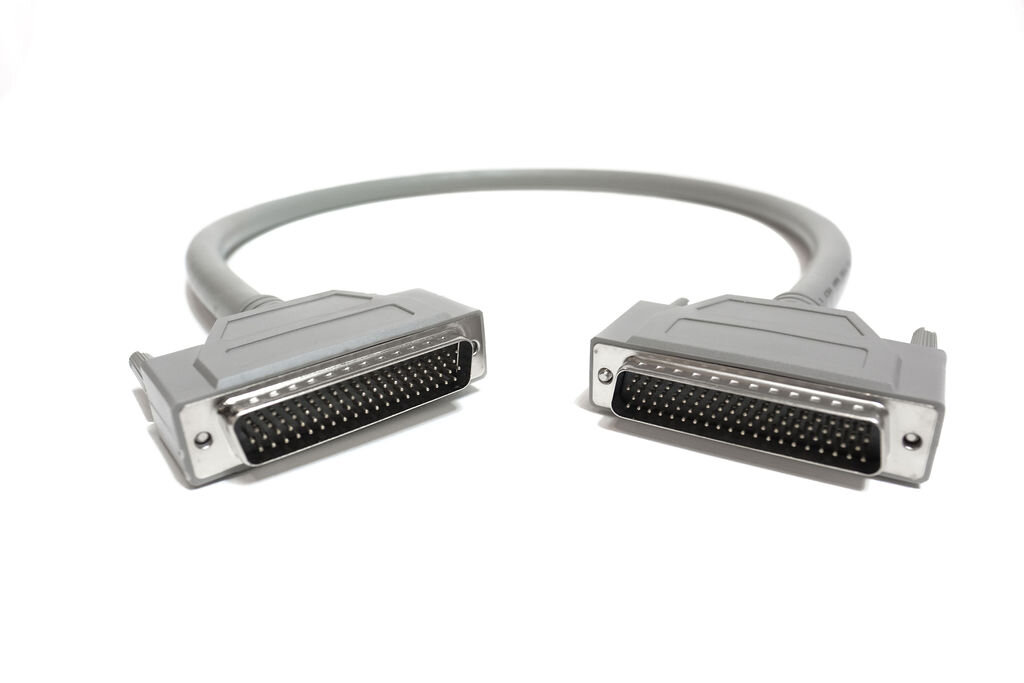 Gray computer cable with two DB-37 connectors on each end