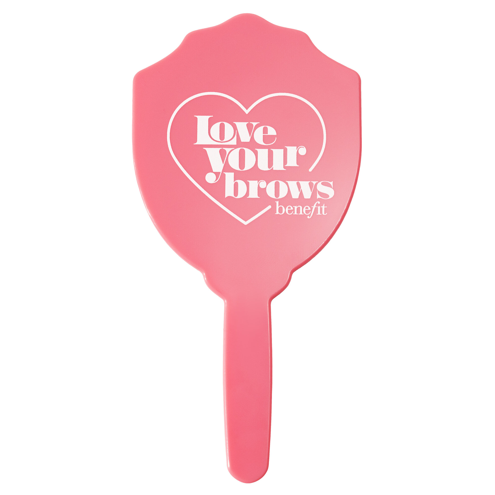 Pink hand mirror with "Love Your Brows" text.