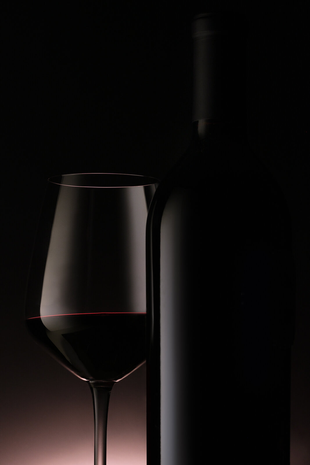 Silhouette of a wine bottle and glass against a dark background