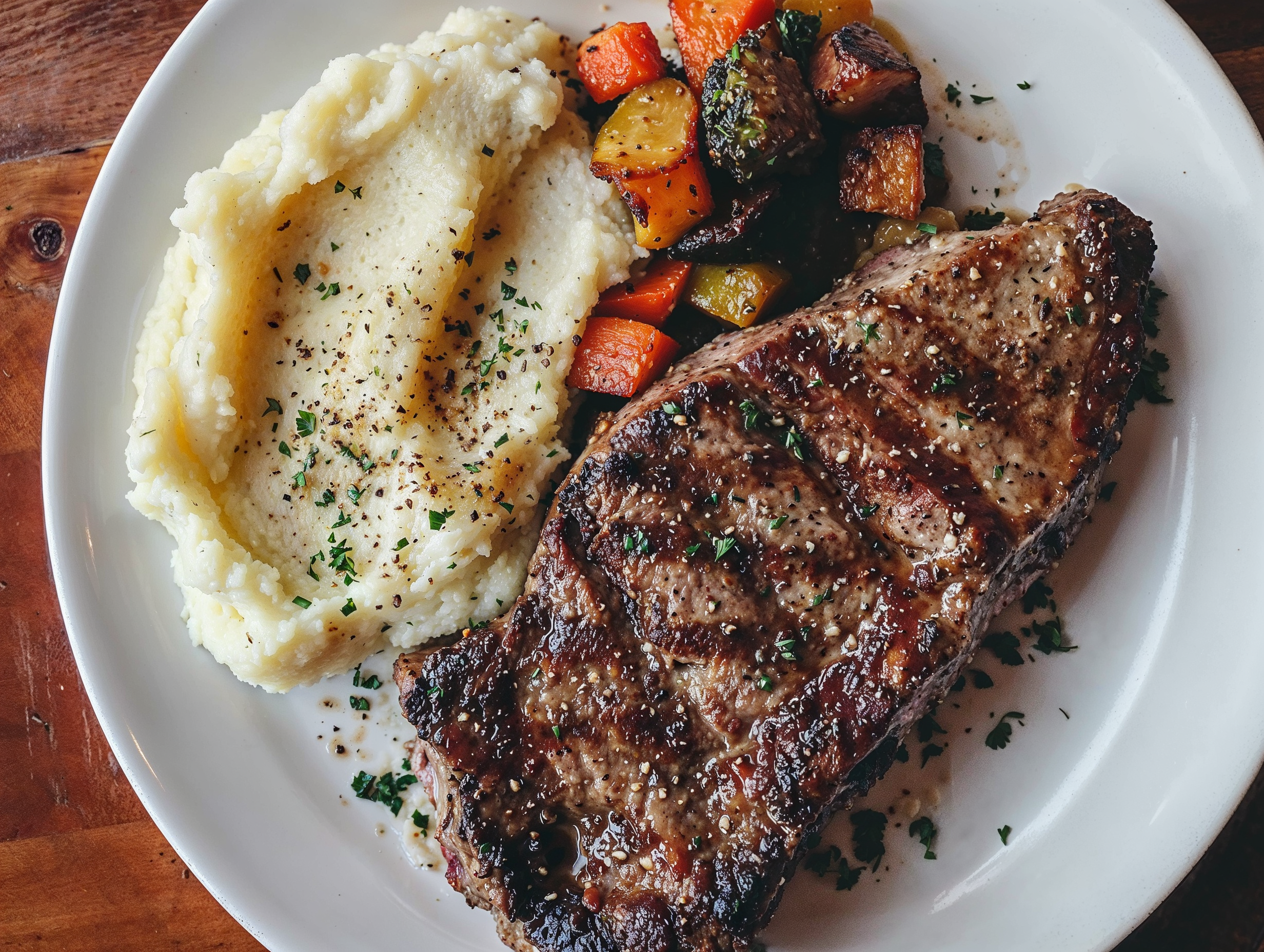 Grilled steak with mashed potatoes and roasted vegetables on a white plate.