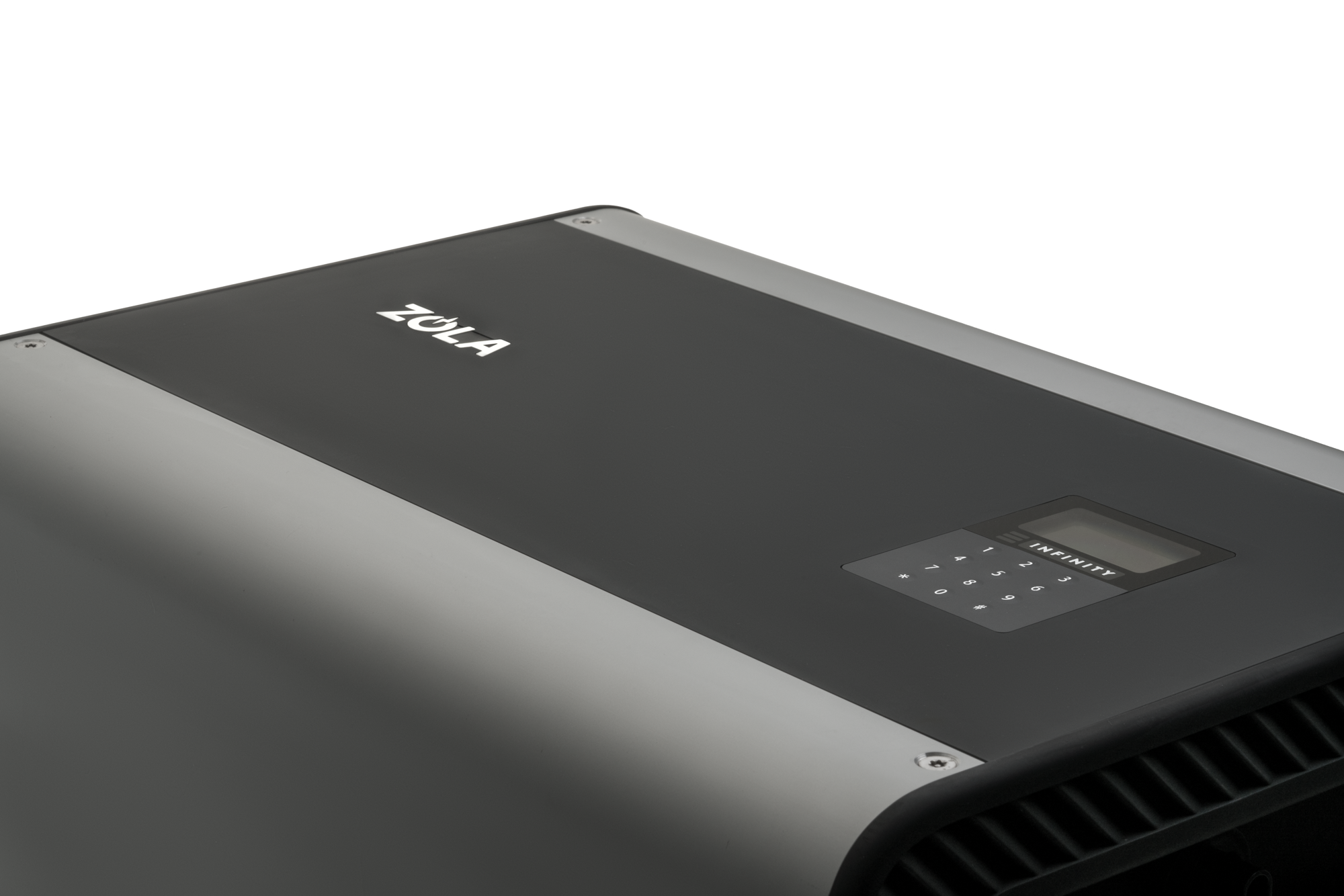 Close-up of a solar inverter with 'Zola' branding and a digital display, showing buttons and a grid pattern.