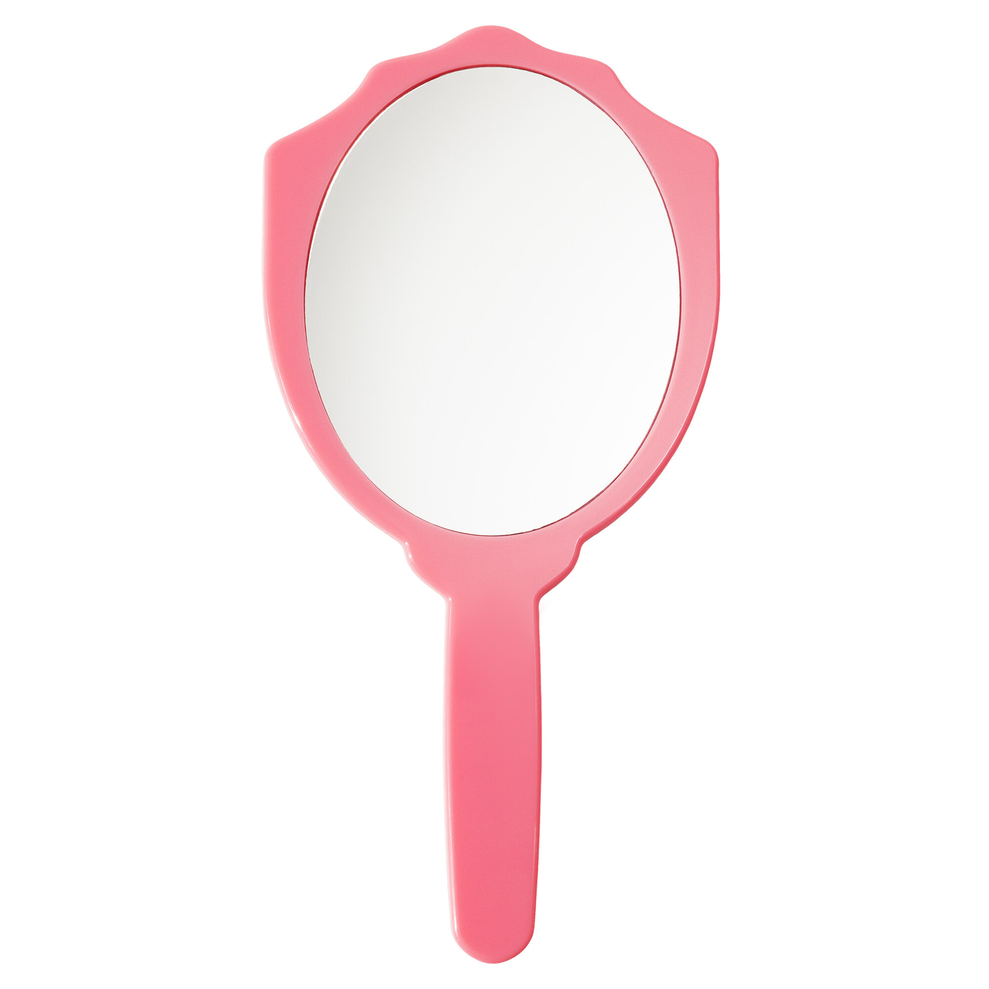 Pink handheld mirror with a round reflective surface and a handle