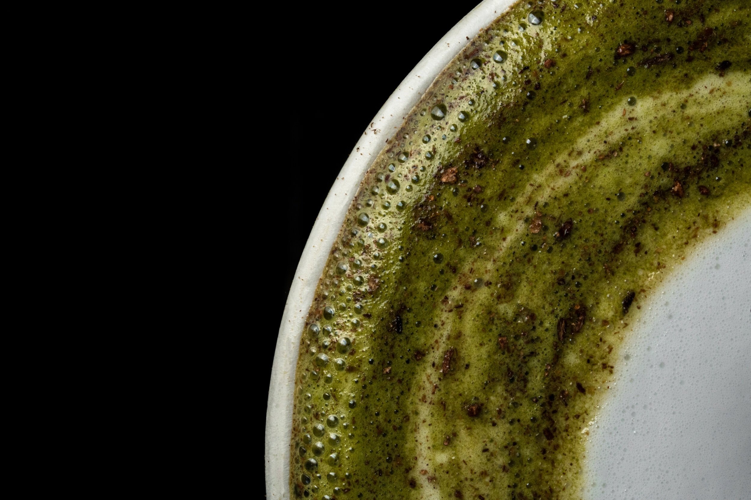 Close-up of a white plate with green sauce or matcha, featuring bubbles and seasoning, isolated against a black background.