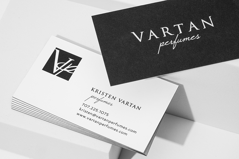 Business cards for Vartan Perfumes featuring contact details for Kristen Vartan, perfumer.