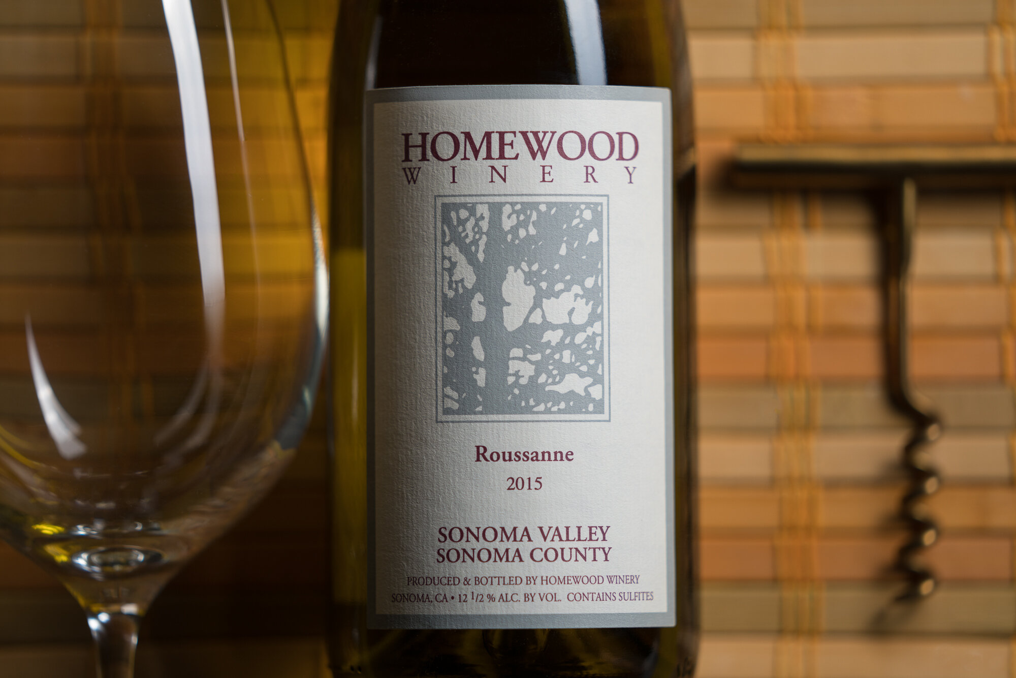 Homewood Winery Roussanne 2015 wine bottle label with a wine glass and corkscrew, Sonoma Valley