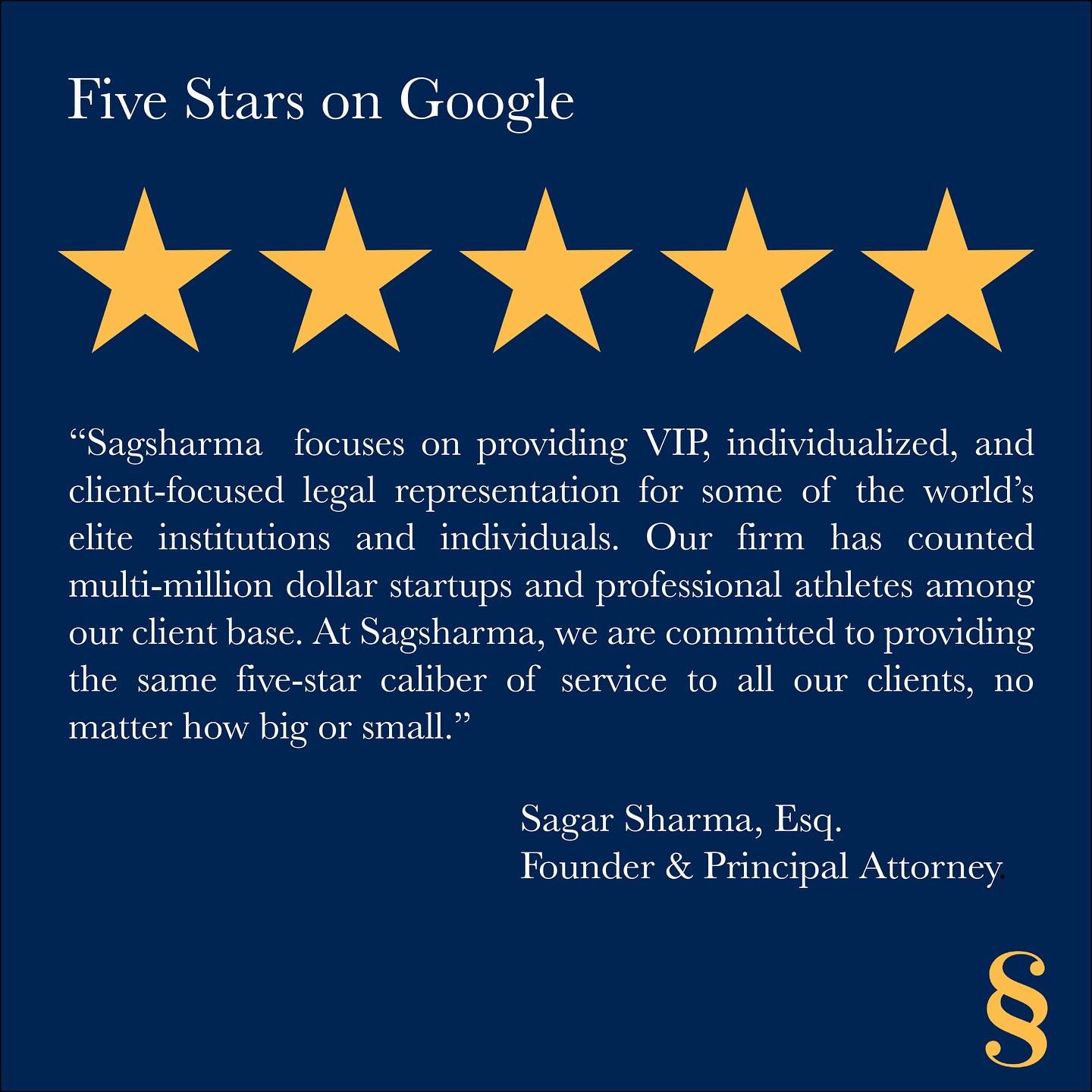 &ldquo;Sagsharma focuses on providing VIP, individualized, and client-focused legal representation for some of the world&rsquo;s elite institutions and individuals. Our firm has counted multi-million dollar startups and professional athletes among ou