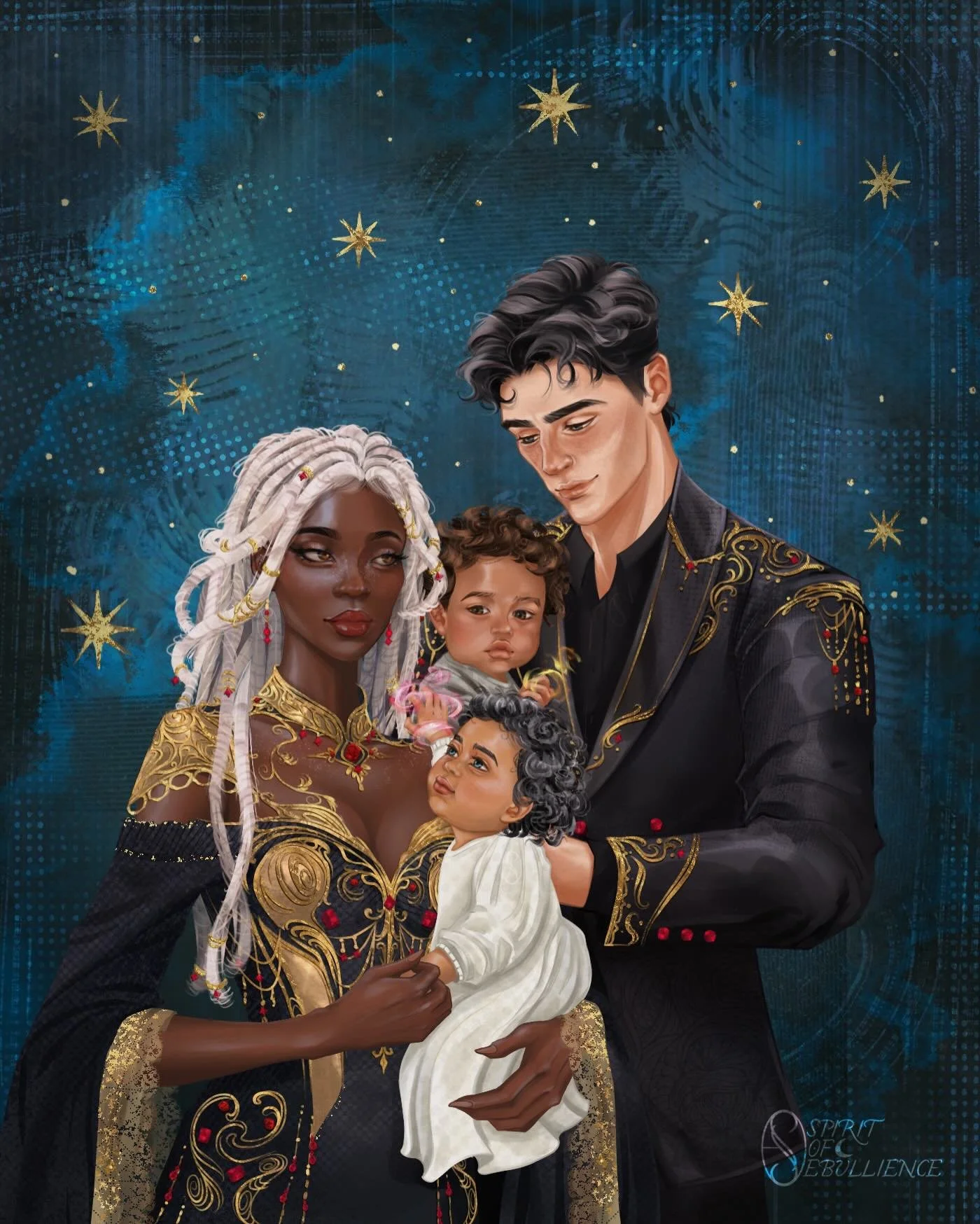 🖤✨ ART REVEAL ✨🖤

Taking a brief pause on all things SLH because I CANNOT let this year come to end without sharing this gorgeous piece I commissioned from @spiritofebullience for the Tether trilogy! It&rsquo;s meant to be an off guard family portr