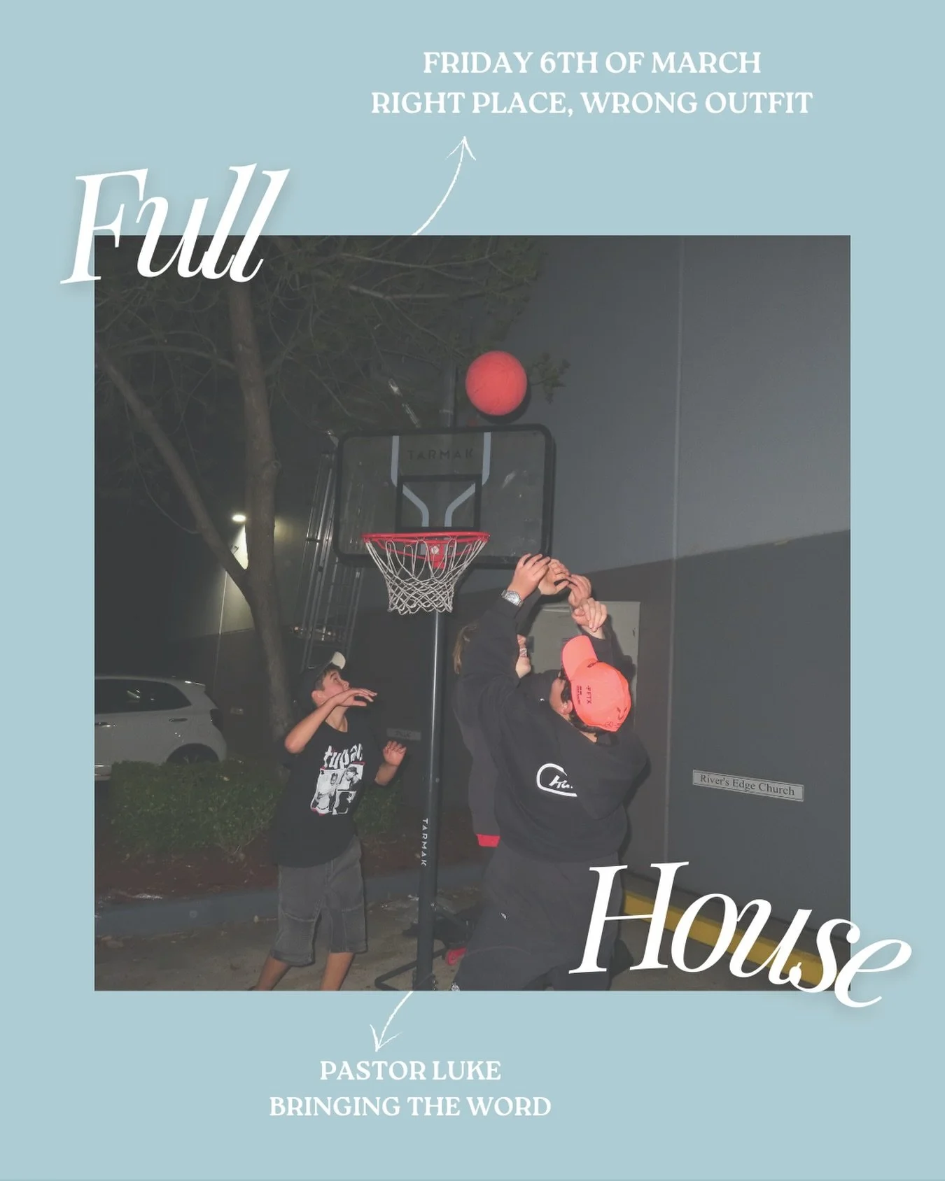 FULL HOUSE IS THIS FRIDAY!! 🕺

Come dressed ready for the theme &mdash; Right Place, Wrong Outfit

We&rsquo;ve got Pastor Luke bringing the word, worship, games &amp; dinner!

Invite your friends 
we can&rsquo;t wait to see you all there 🫶🏼🤍