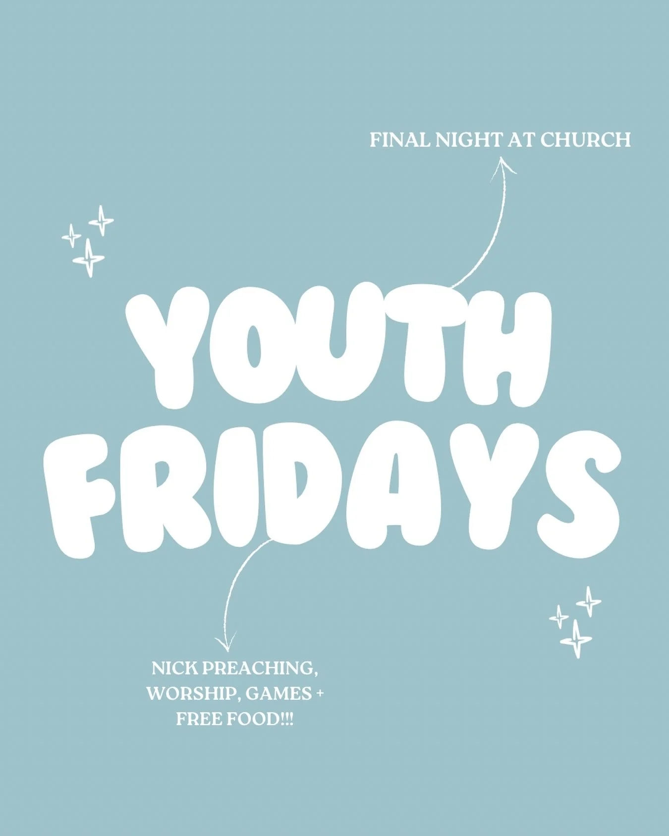 Youth is on this Friday &amp; we are so excited!
it&rsquo;s gonna be our final night at church so make sure you are there.
Don&rsquo;t forget to invite all your friends 🙌🕺🪩