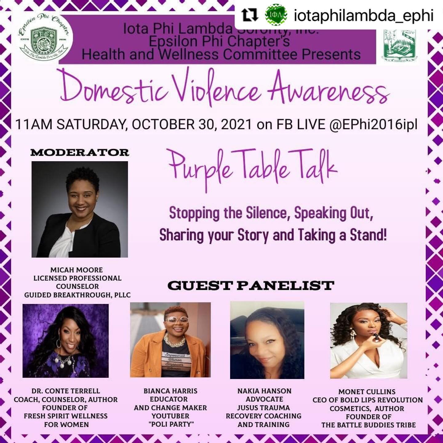 #Repost @iotaphilambda_ephi with @make_repost
・・・
Join the Epsilon Phi Chapter for our Domestic Violence Awareness Month &ldquo;Purple Table Talk&rdquo; on Stopping the Silence, Speaking Out, Sharing your Story and Taking a Stand! 

IG Family, EPhi I