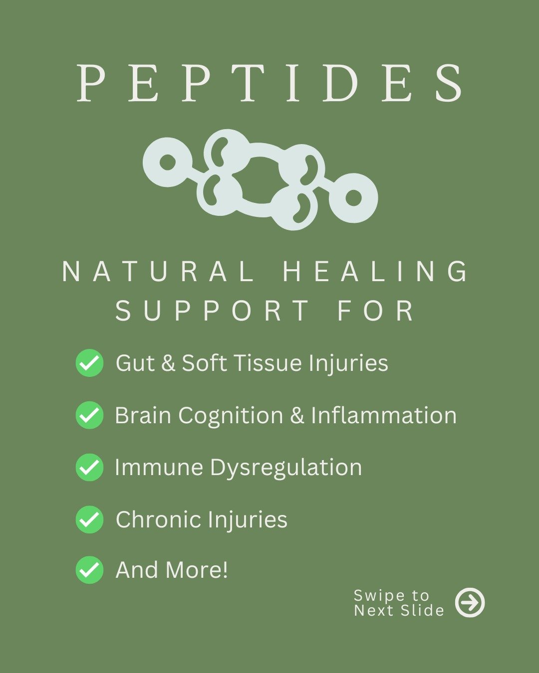 ✨ Heal from the inside out — naturally. ✨
Peptides are powerful tools your body can use to repair, restore, and re-balance — whether it’s your gut, brain, immune system, or old injuries that just won’t heal.
From BPC-157 fo