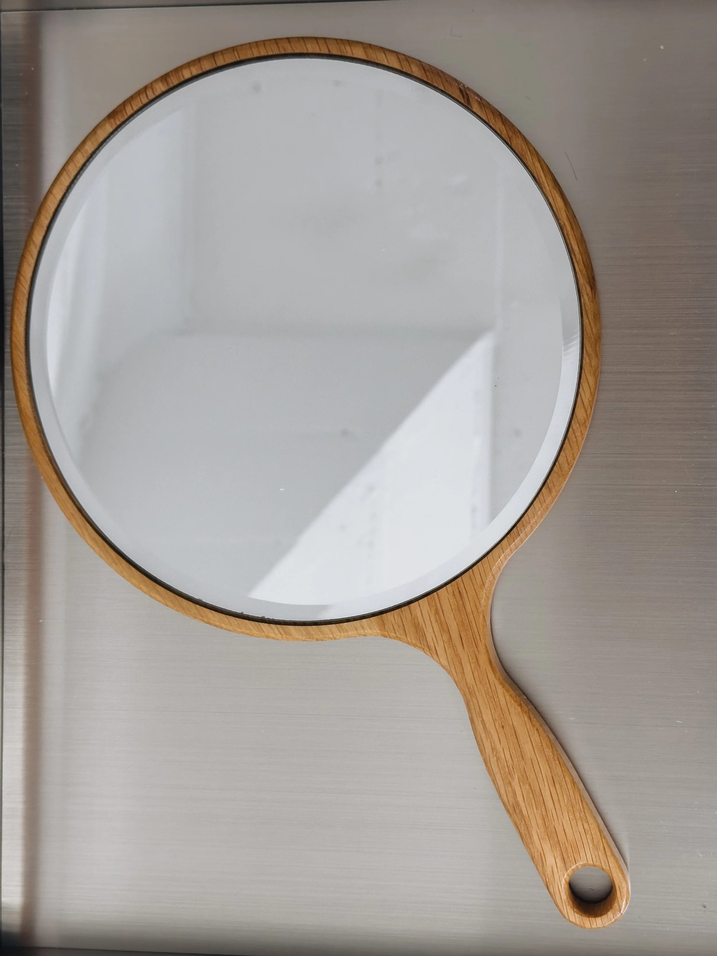 white oak custom hand mirror