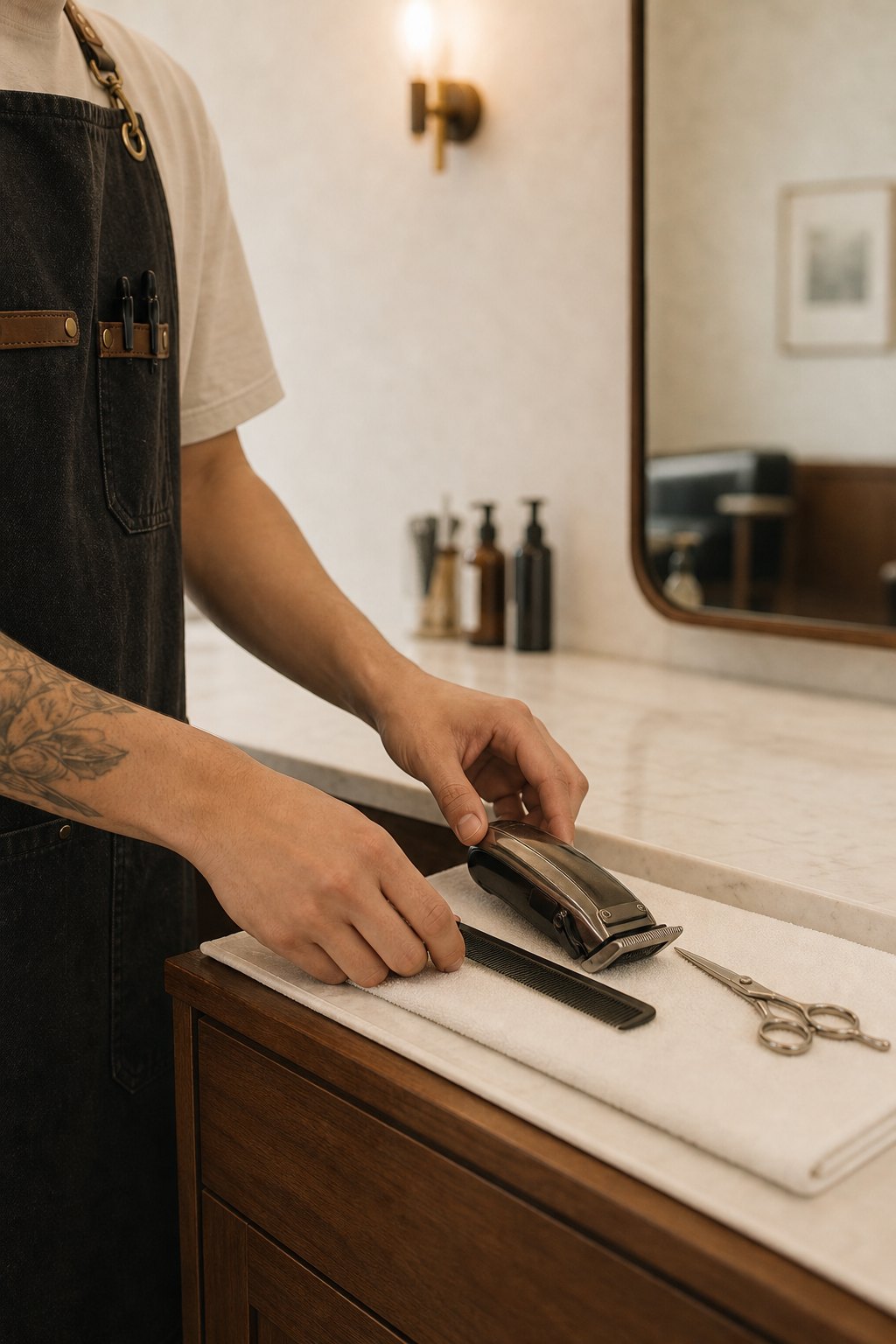 newly licensed barber and tools