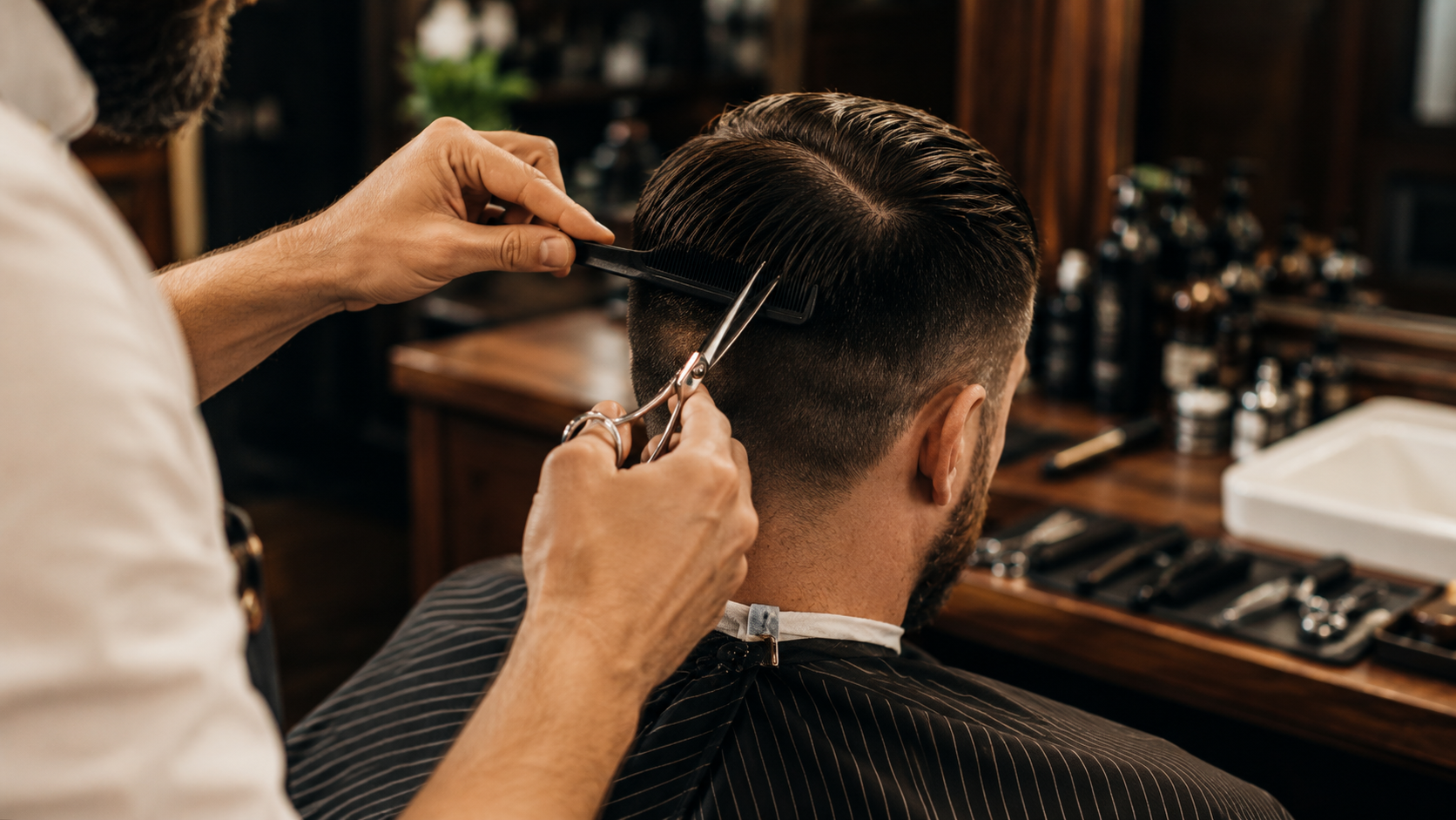 barber shears texturizing dark wood station various tonics aftershave