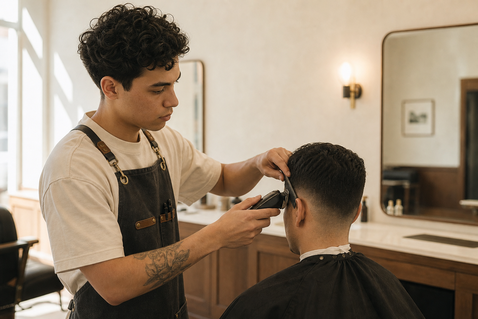 newly licensed barber cutting at barbershop