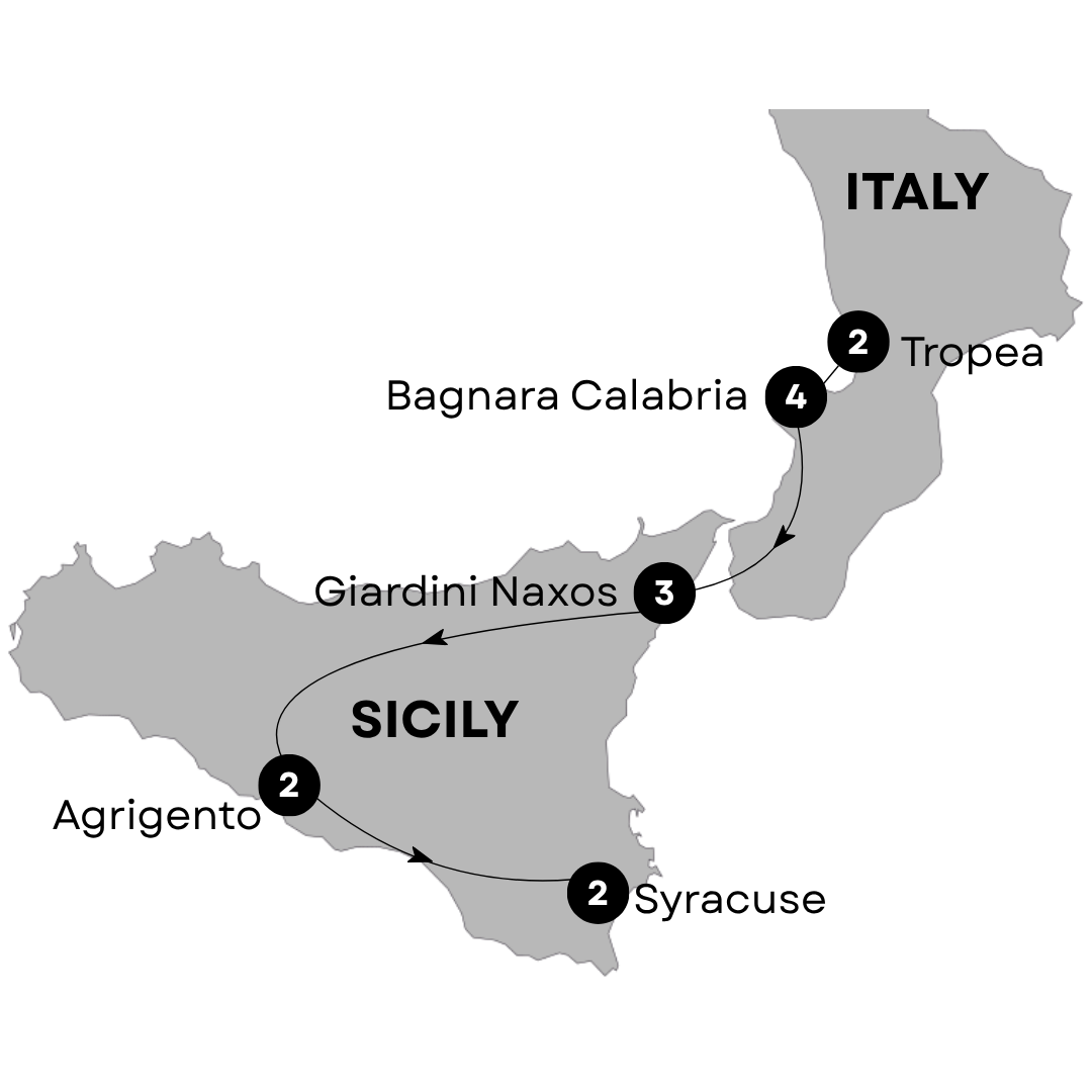 Map locations of Southern Italy tour with HollyDay Travel