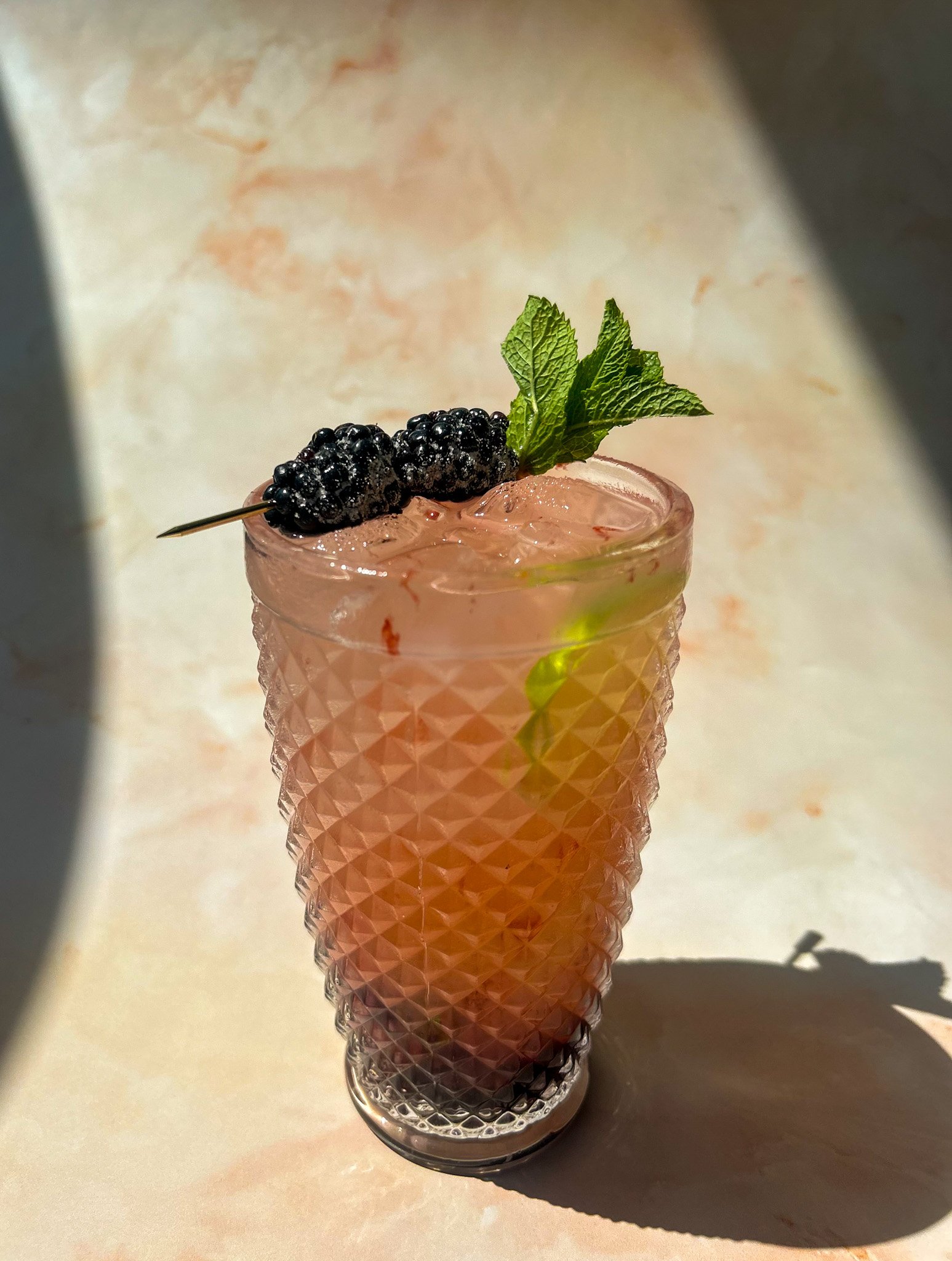 A Blackberry Lemonade cocktail served in a highball glass garnished with skewered blackberries and a sprig of mint