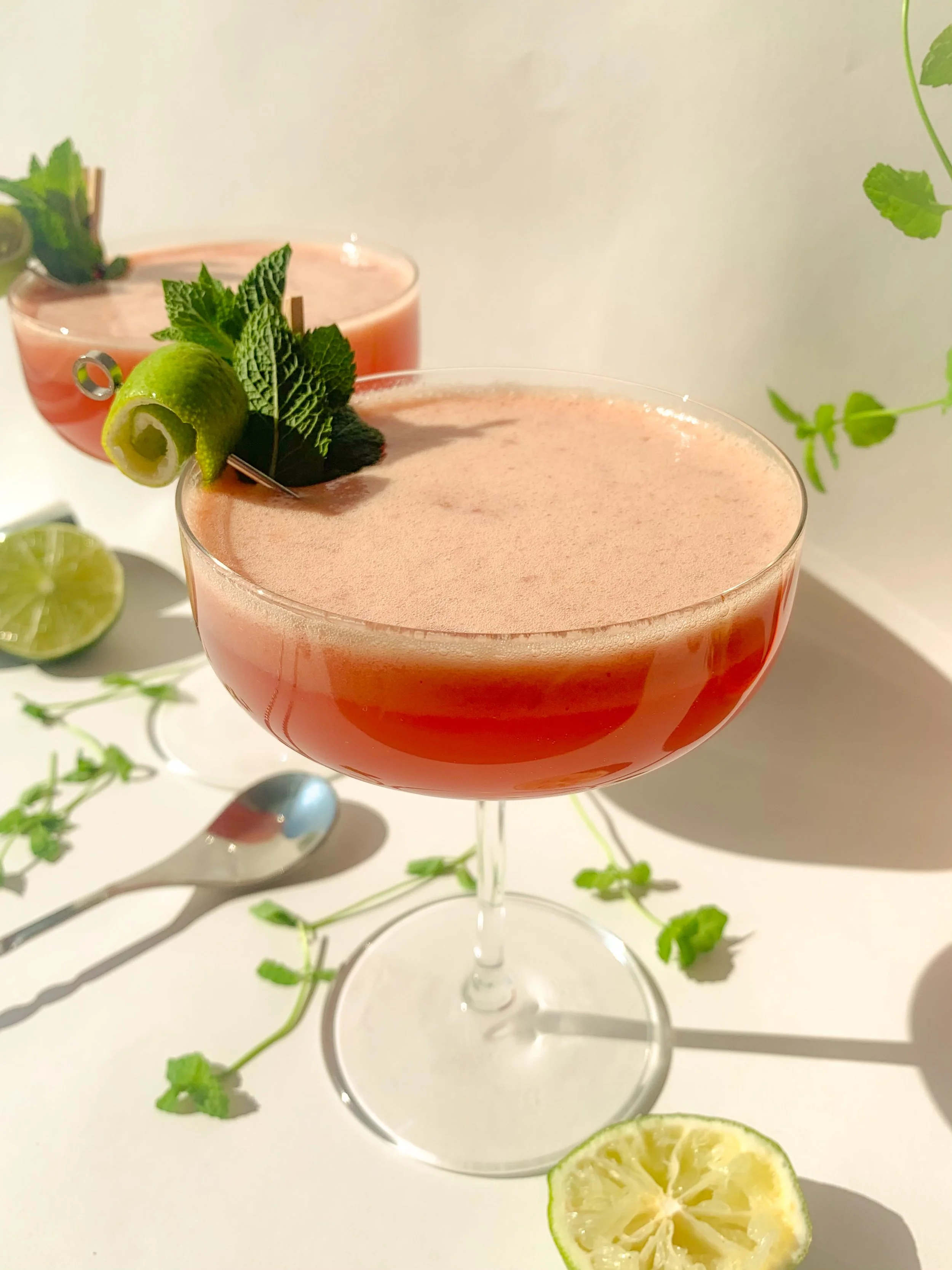A south of the river cocktail served in a coupe glass garnished with fresh mint and lime rind