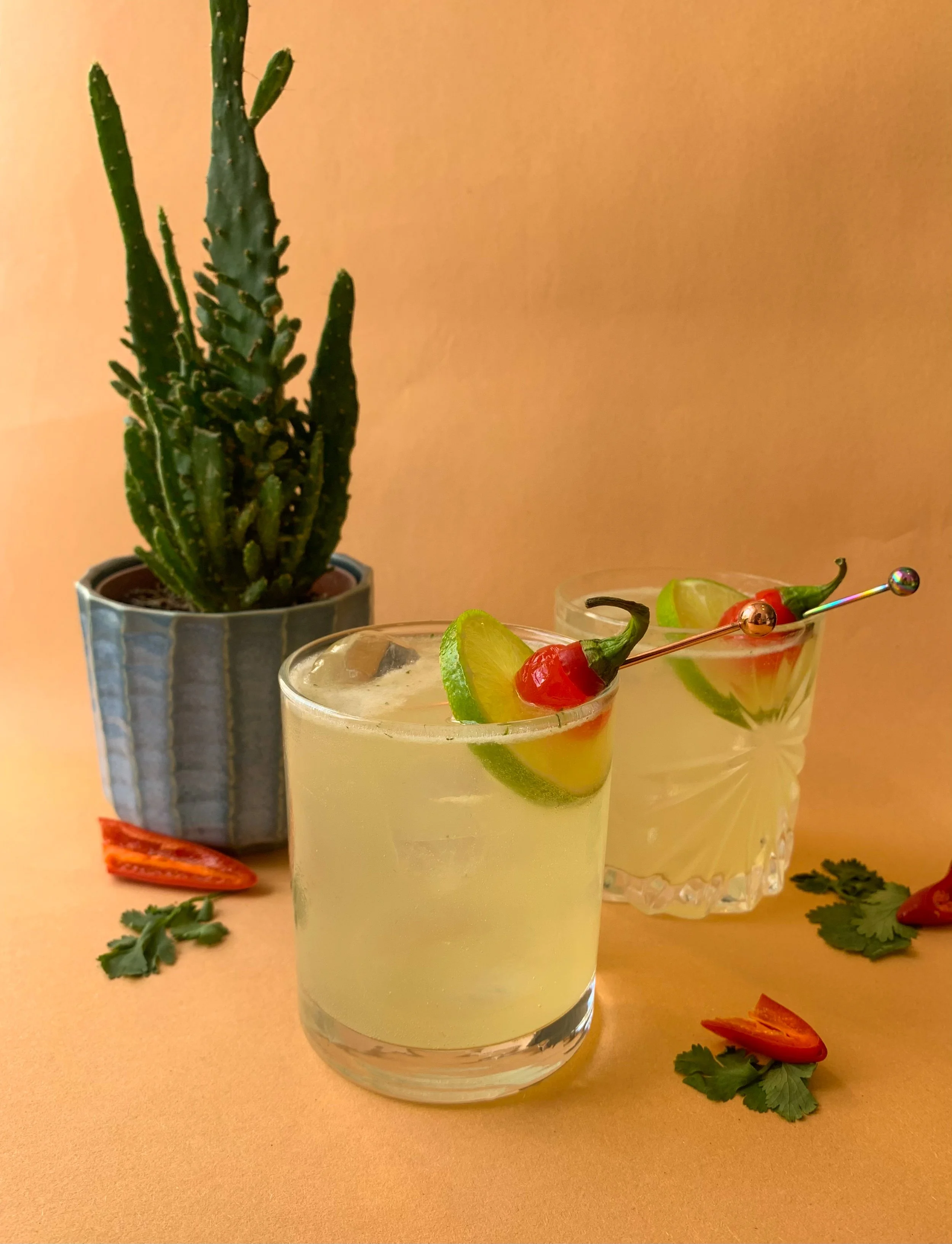 A Picante cocktail served in a rocks glass over ice garnished with a chill head and a lime wheel