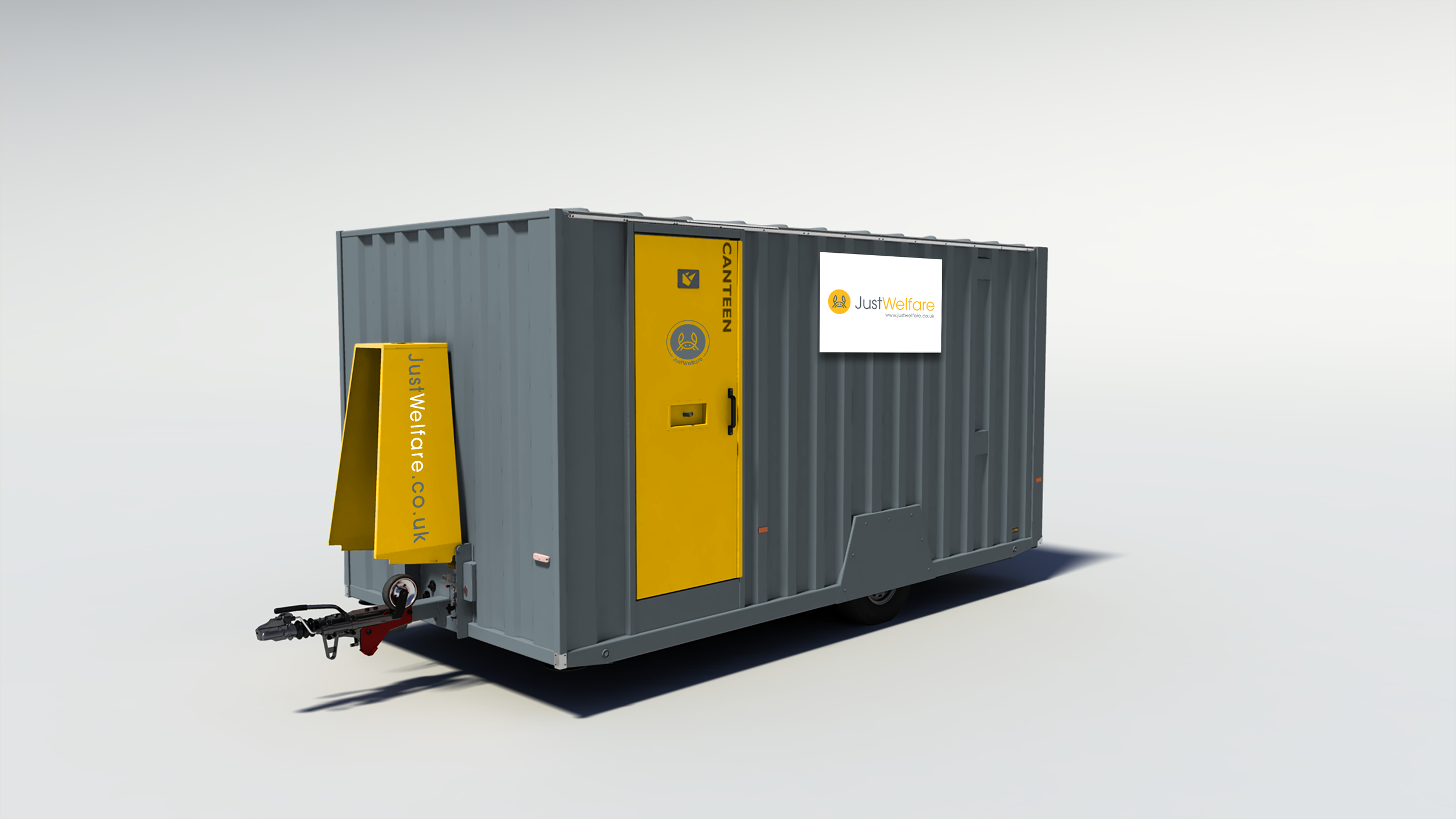 A mobile waste disposal container with yellow and gray colors, featuring branding for JustWelfare, including a website URL and a logo, positioned on a plain background.